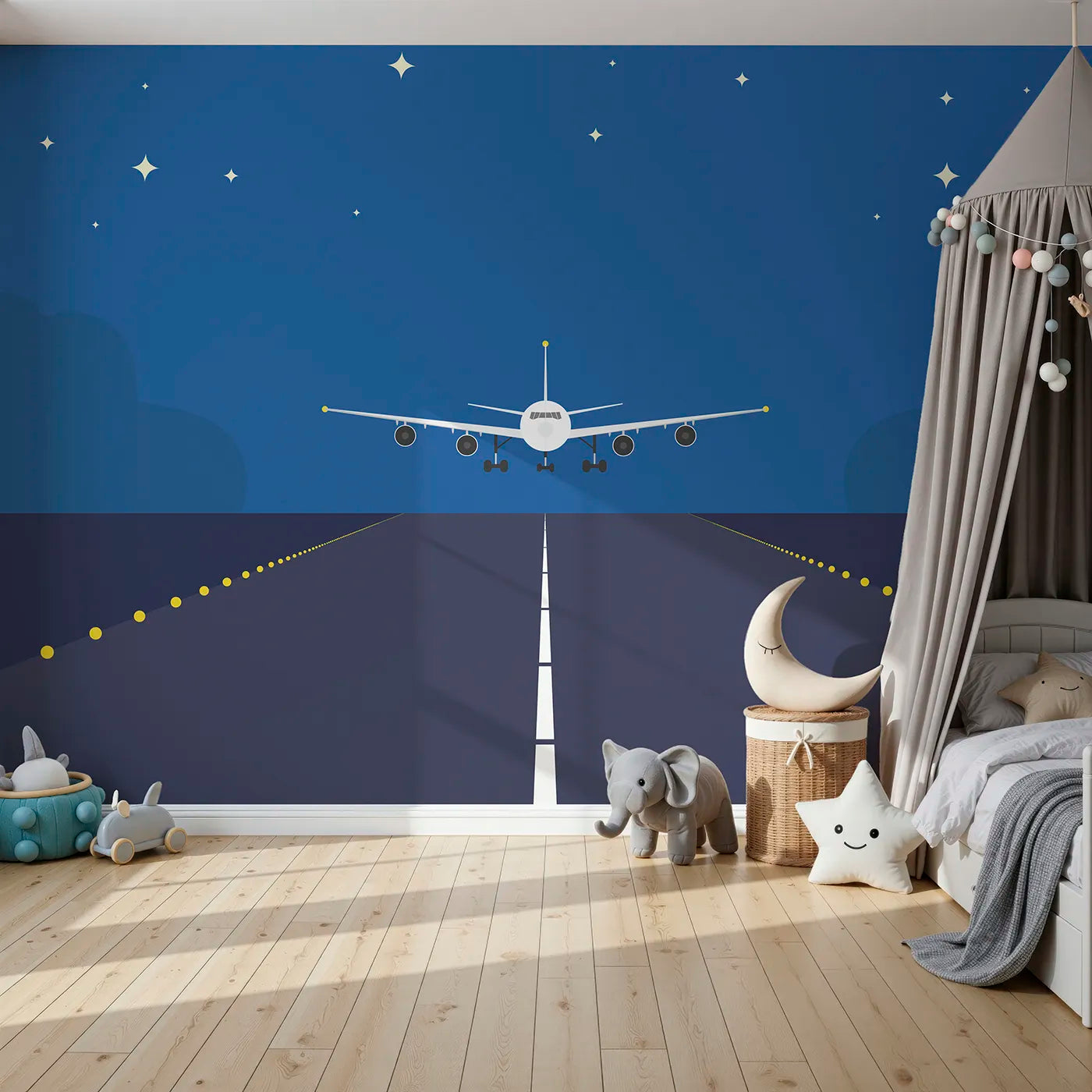 Front view of Whimsy Tots' Night Flight Runway Wall Mural