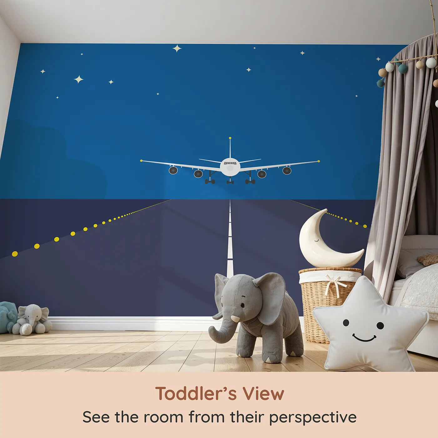 Whimsy Tots Night Flight Runway Wall Mural (Turn Their Room into a Midnight Takeoff Zone) from your child's view.Gender-Neutral