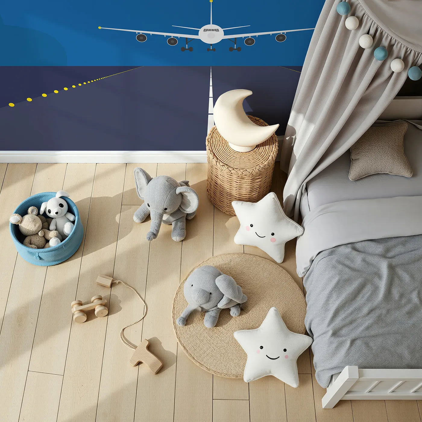 Top-down view of Whimsy Tots' Night Flight Runway Wall Mural (Turn Their Room into a Midnight Takeoff Zone).Gender-Neutral