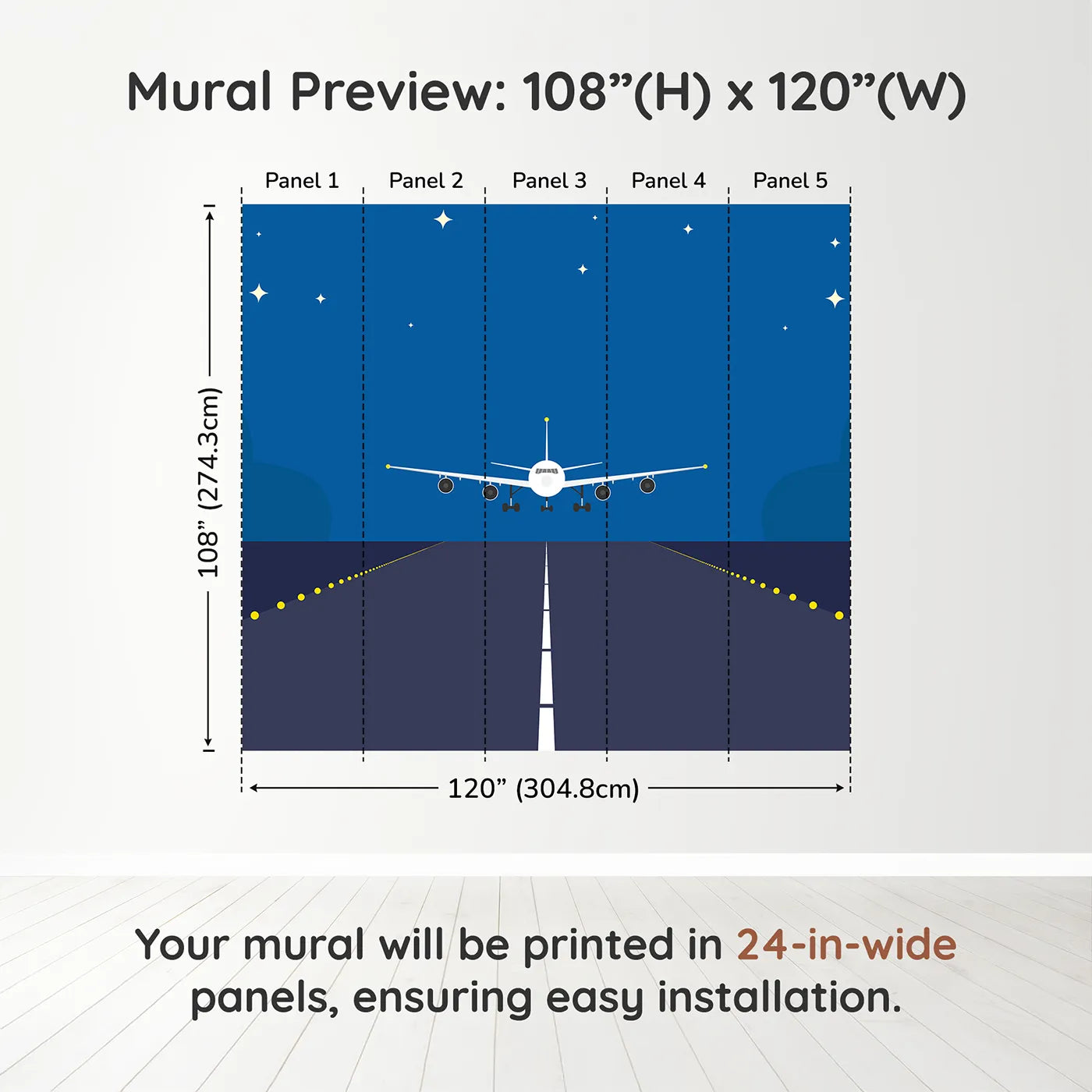 Whimsy Tots Night Flight Runway Wall Muraldimension view (108" H x 120" W). Printed in five 24-inch-wide panels. Gender-Neutral