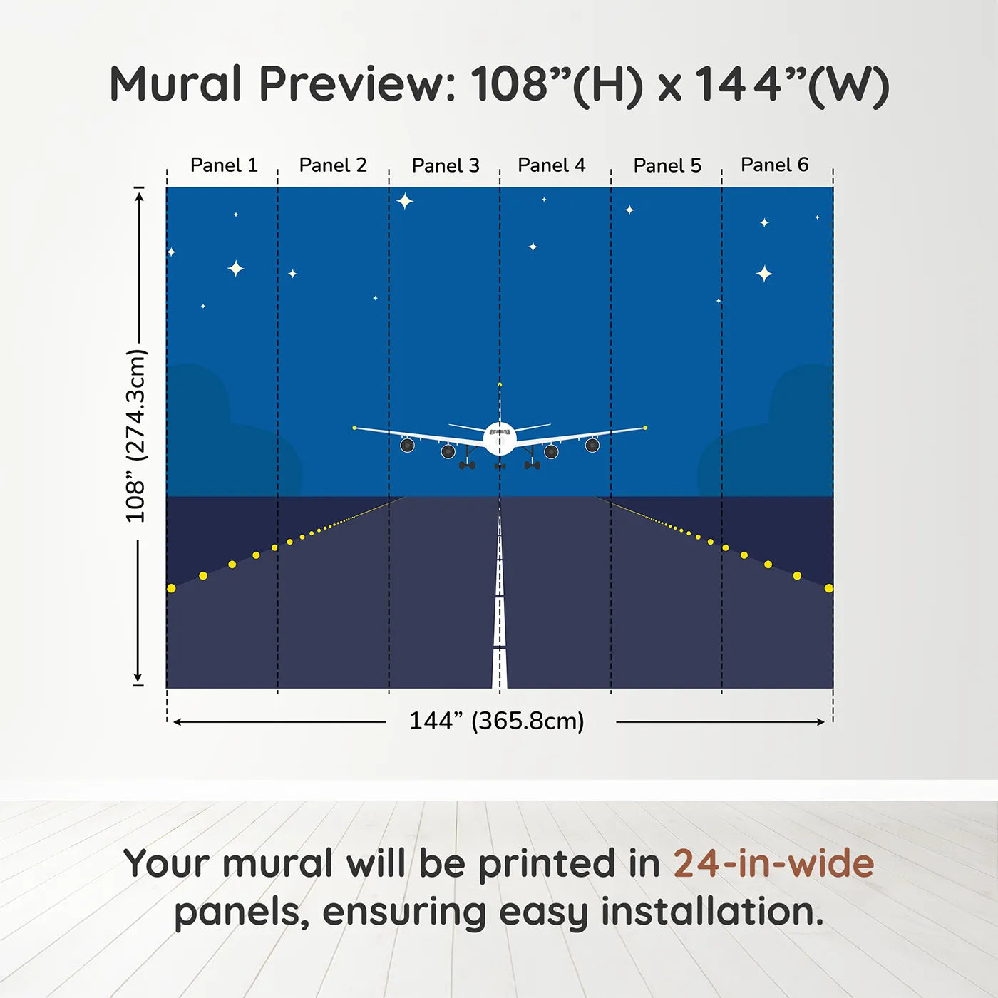 Whimsy Tots Night Flight Runway Wall Muraldimension view (108" H x 144" W). Printed in six 24-inch-wide panels. Gender-Neutral