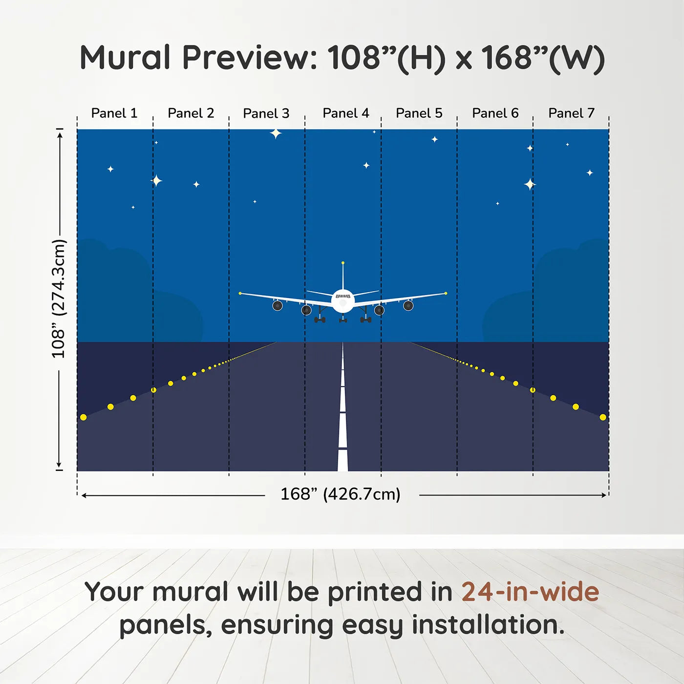 Whimsy Tots Night Flight Runway Wall Muraldimension view (108" H x 168" W). Printed in seven 24-inch-wide panels. Gender-Neutral