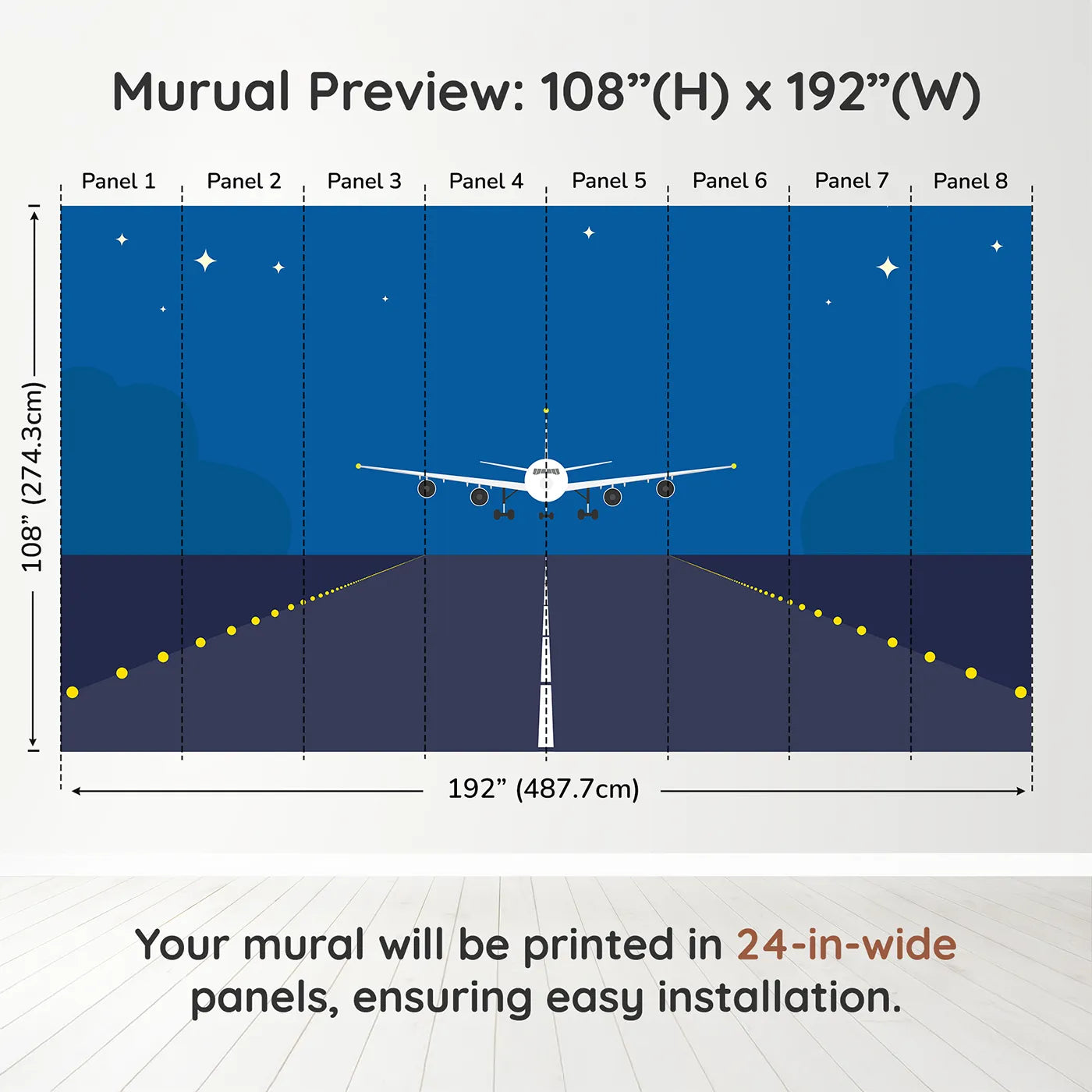 Whimsy Tots Night Flight Runway Wall Muraldimension view (108" H x 192" W). Printed in eight 24-inch-wide panels. Gender-Neutral
