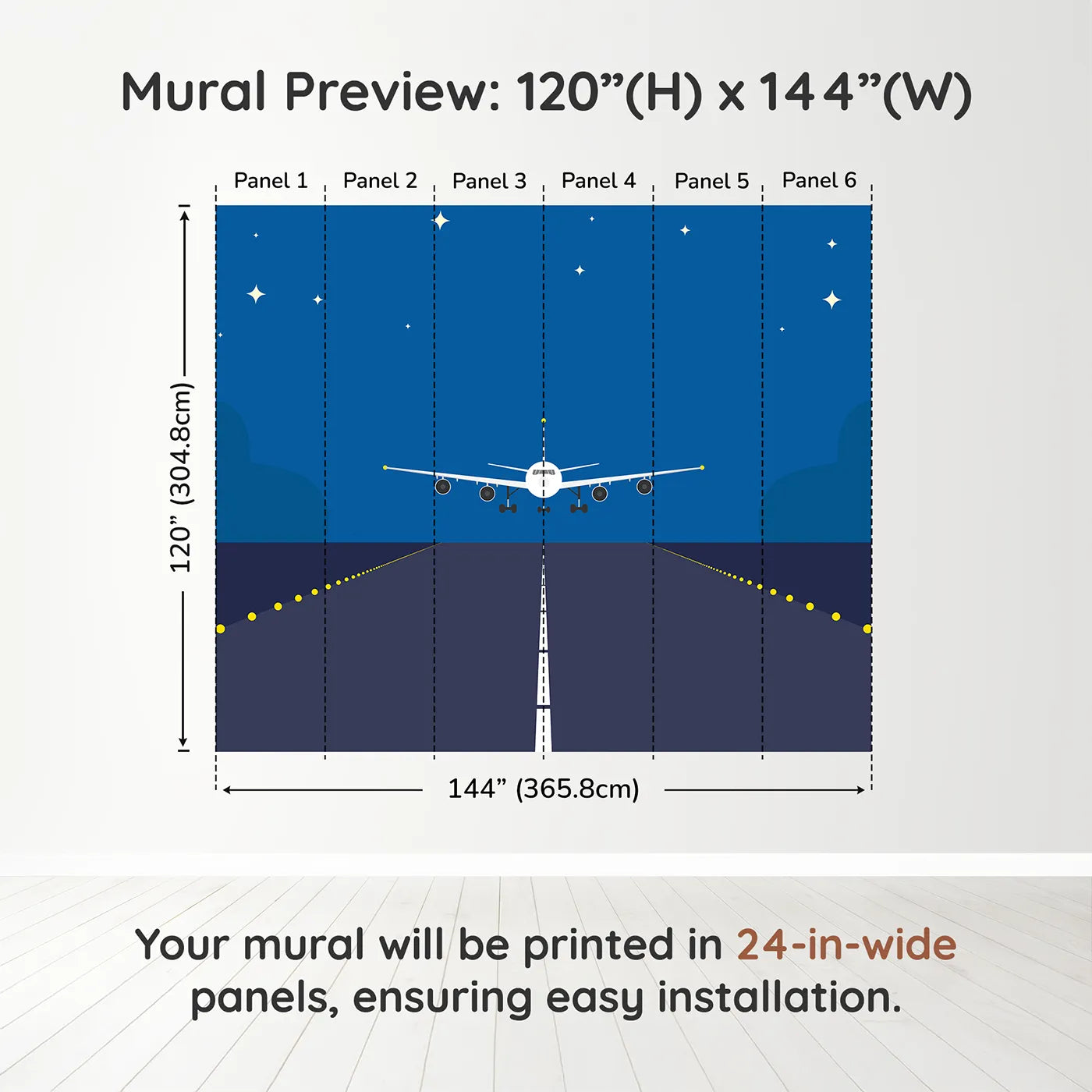 Whimsy Tots Night Flight Runway Wall Muraldimension view (120" H x 144" W). Printed in six 24-inch-wide panels. Gender-Neutral