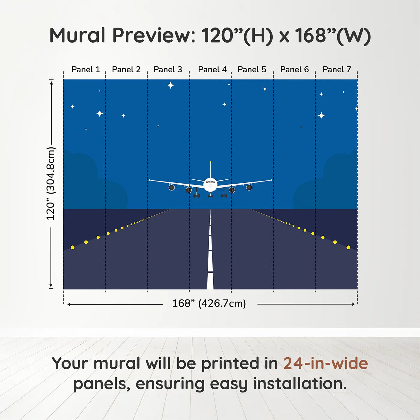 Whimsy Tots Night Flight Runway Wall Muraldimension view (120" H x 168" W). Printed in seven 24-inch-wide panels. Gender-Neutral