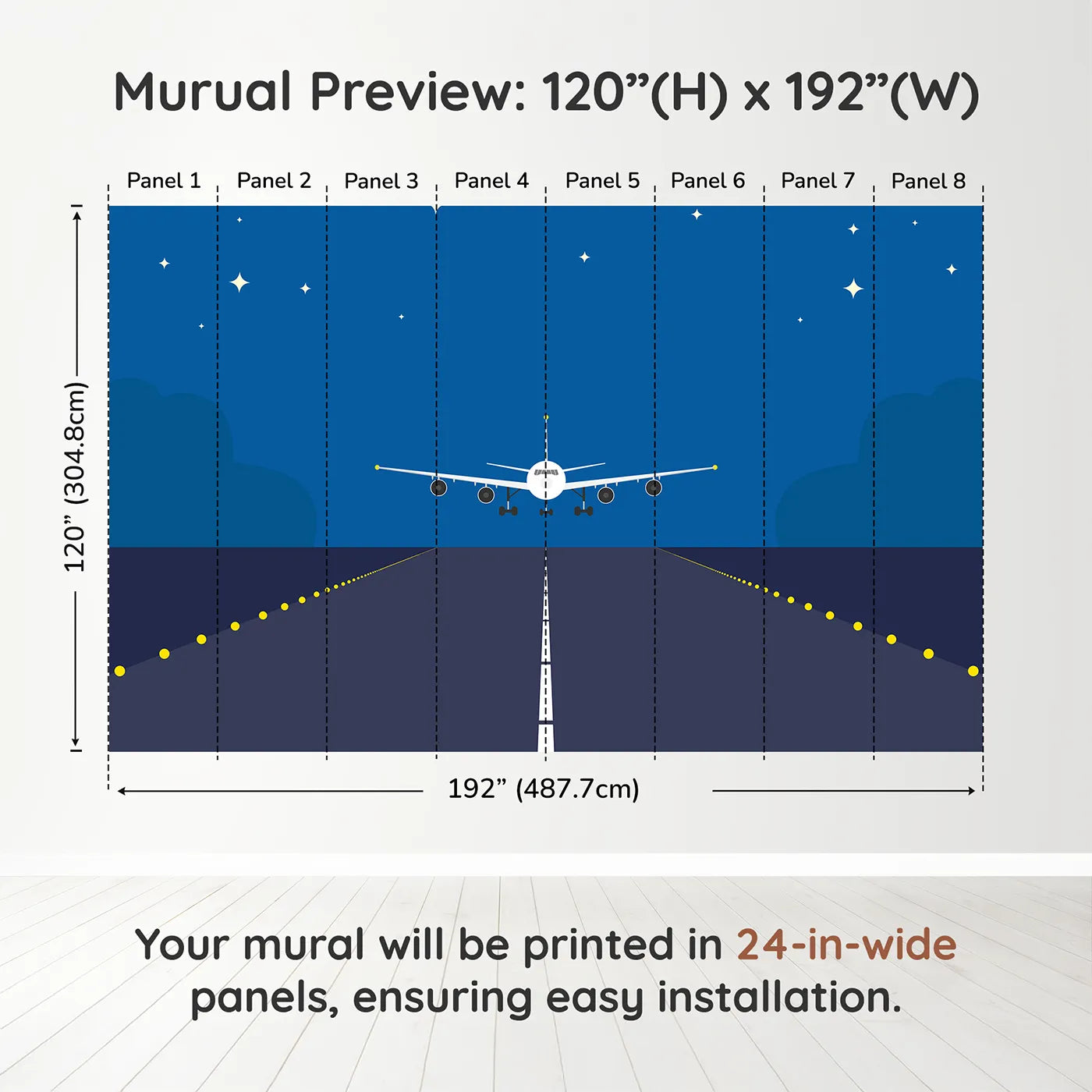 Whimsy Tots Night Flight Runway Wall Muraldimension view (120" H x 192" W). Printed in eight 24-inch-wide panels. Gender-Neutral