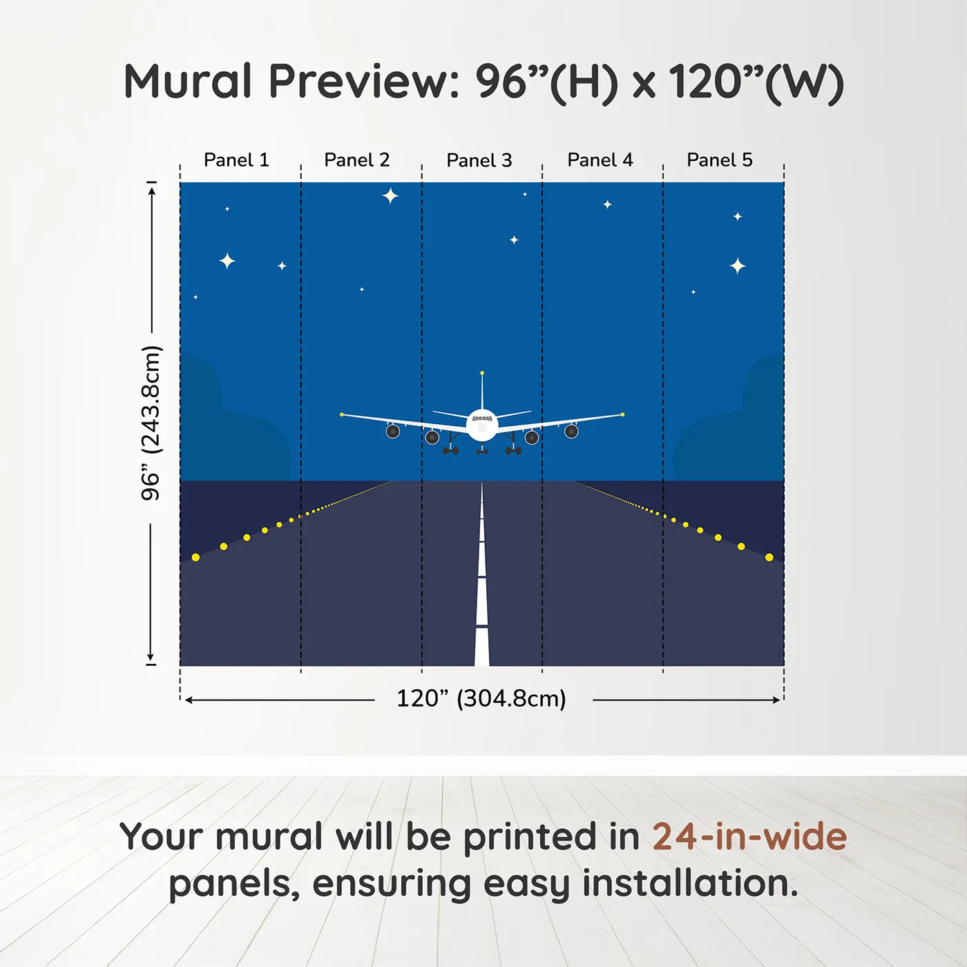 Whimsy Tots Night Flight Runway Wall Muraldimension view (96" H x 120" W). Printed in five 24-inch-wide panels. Gender-Neutral