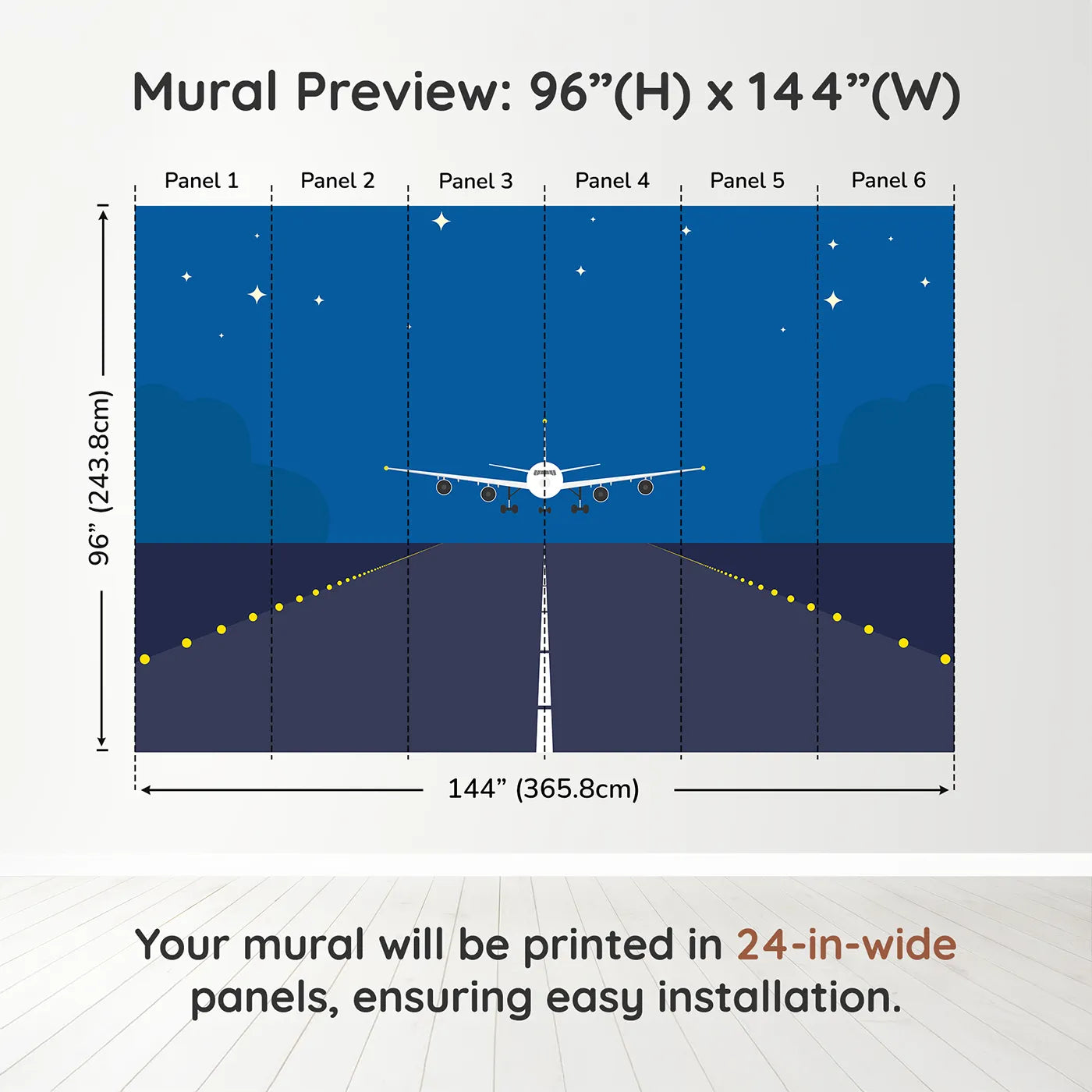 Whimsy Tots Night Flight Runway Wall Muraldimension view (96" H x 144" W). Printed in six 24-inch-wide panels. Gender-Neutral