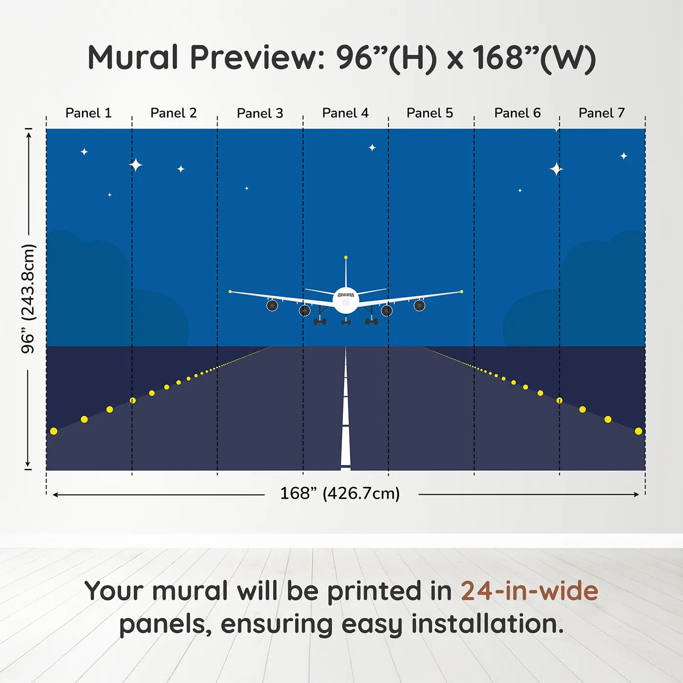 Whimsy Tots Night Flight Runway Wall Muraldimension view (96" H x 168" W). Printed in seven 24-inch-wide panels. Gender-Neutral