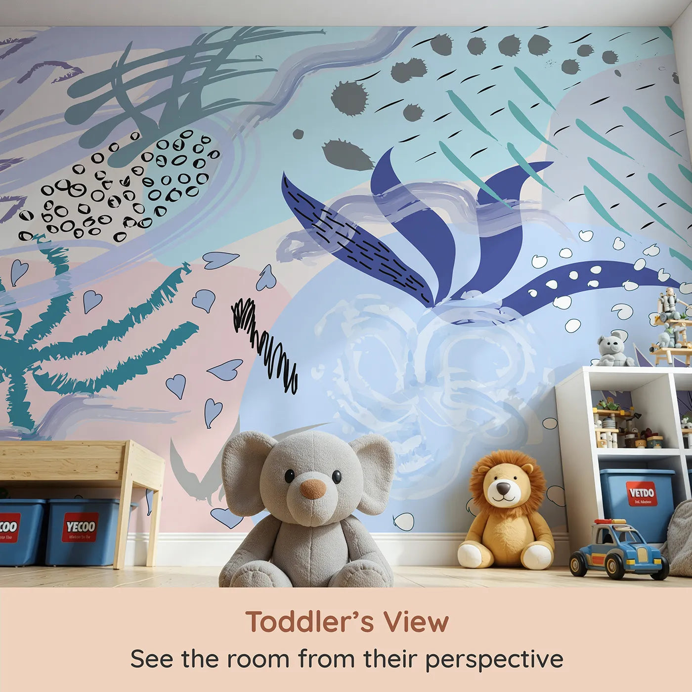 Whimsy Tots Abstract Garden Collage Wall Mural (Turn Their Room into a Modern Art Masterpiece) from your child's view.Gender-Neutral