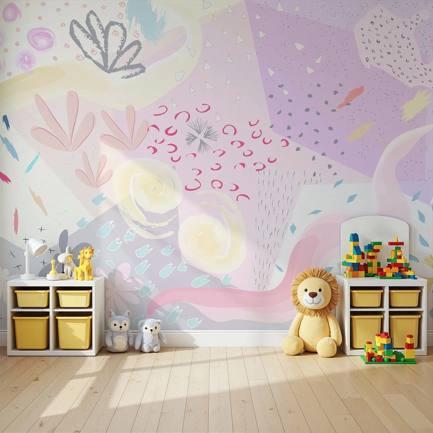 Angled view of Whimsy Tots' Abstract Pastel Collage Wall Mural (Turn Their Room into a Canvas for Imagination).Gender-Neutral
