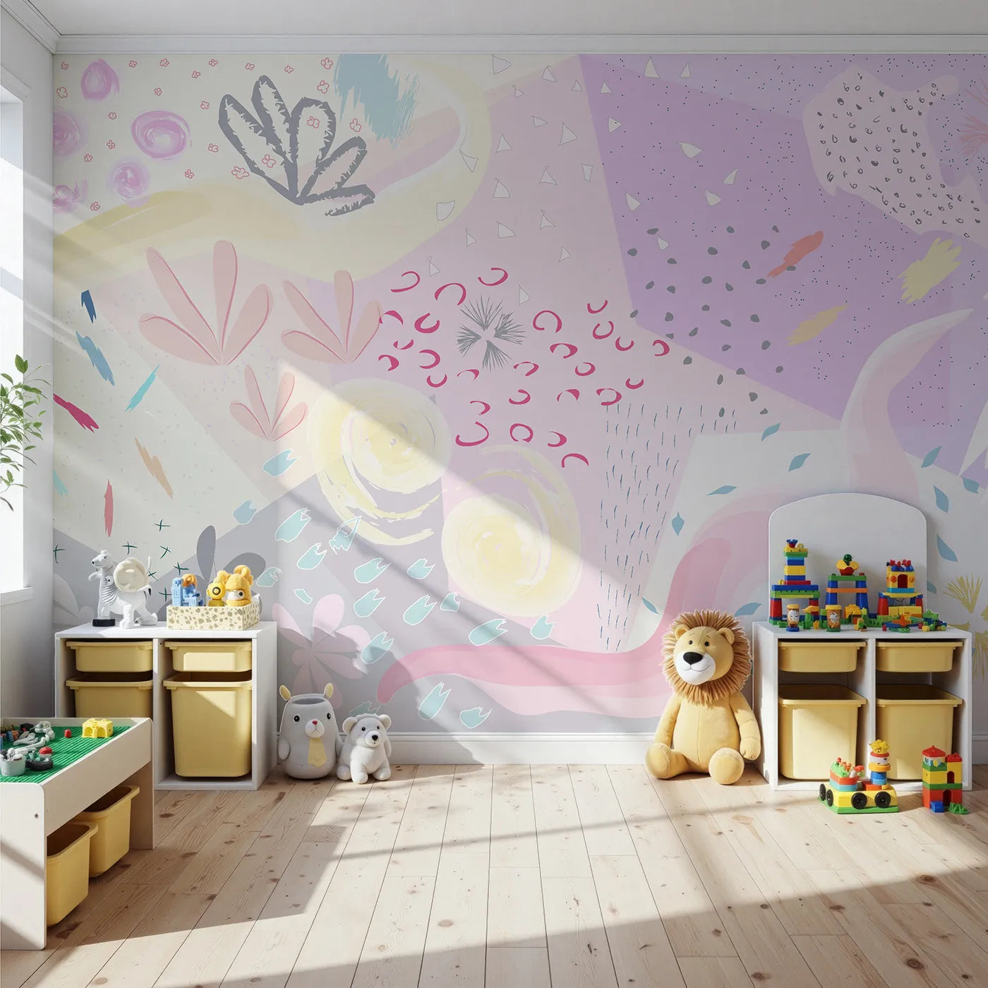 Front view of Whimsy Tots' Abstract Pastel Collage Wall Mural