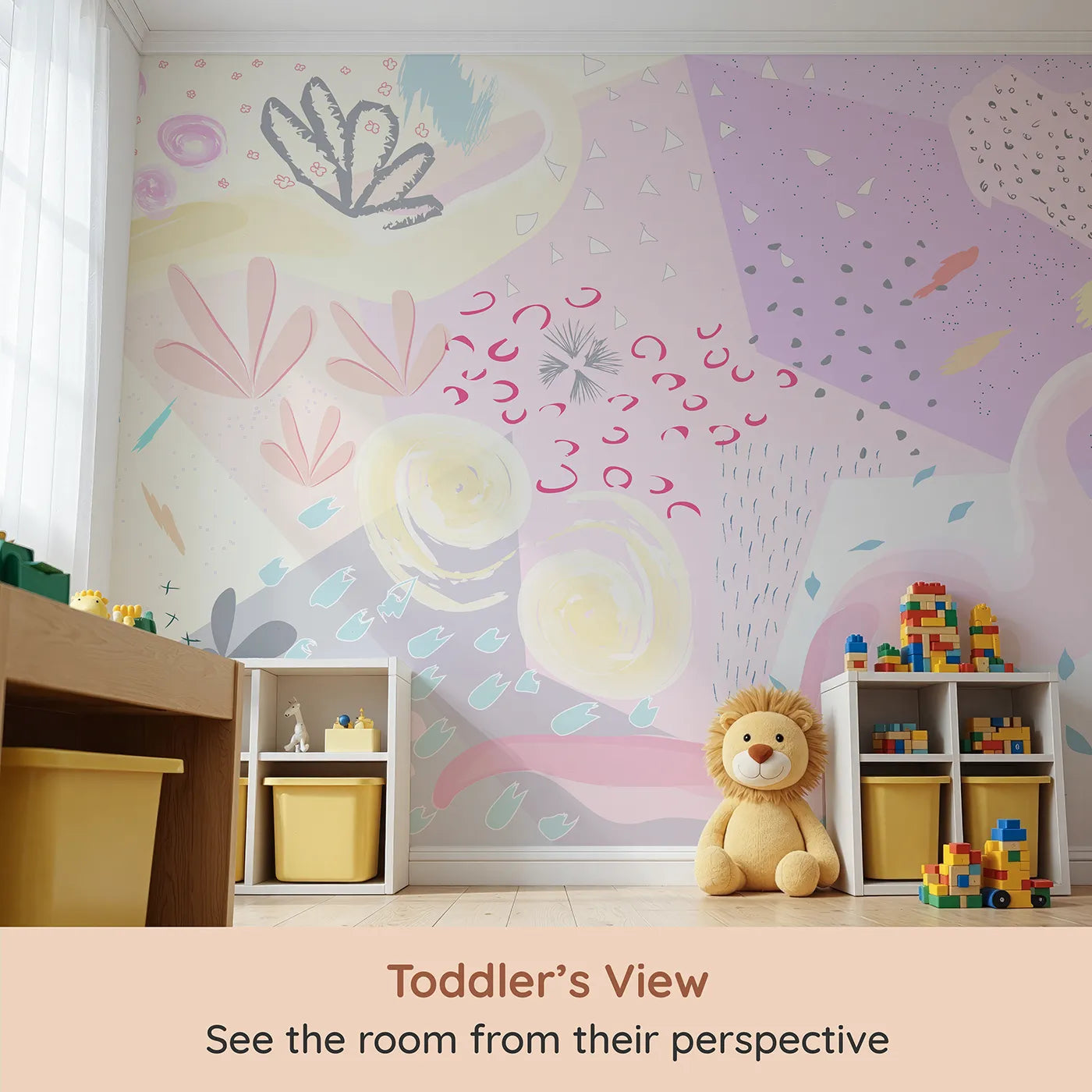 Whimsy Tots Abstract Pastel Collage Wall Mural (Turn Their Room into a Canvas for Imagination) from your child's view.Gender-Neutral