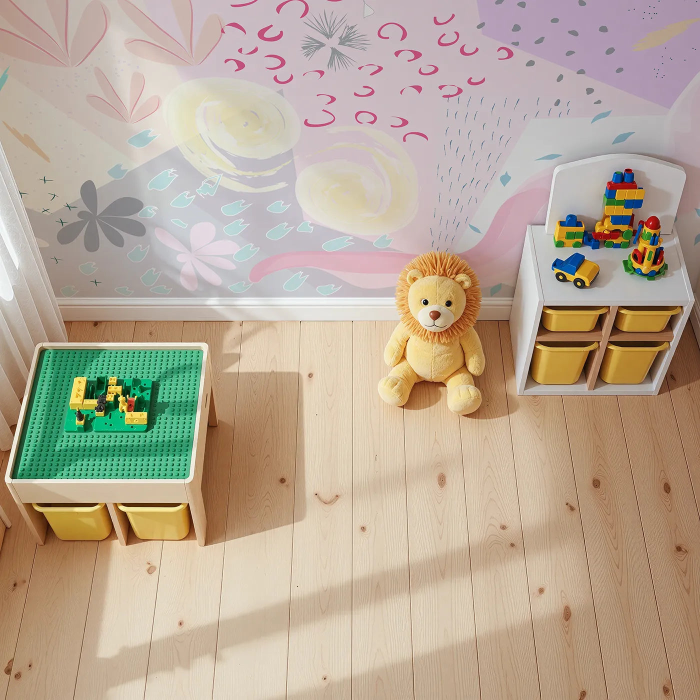 Top-down view of Whimsy Tots' Abstract Pastel Collage Wall Mural (Turn Their Room into a Canvas for Imagination).Gender-Neutral