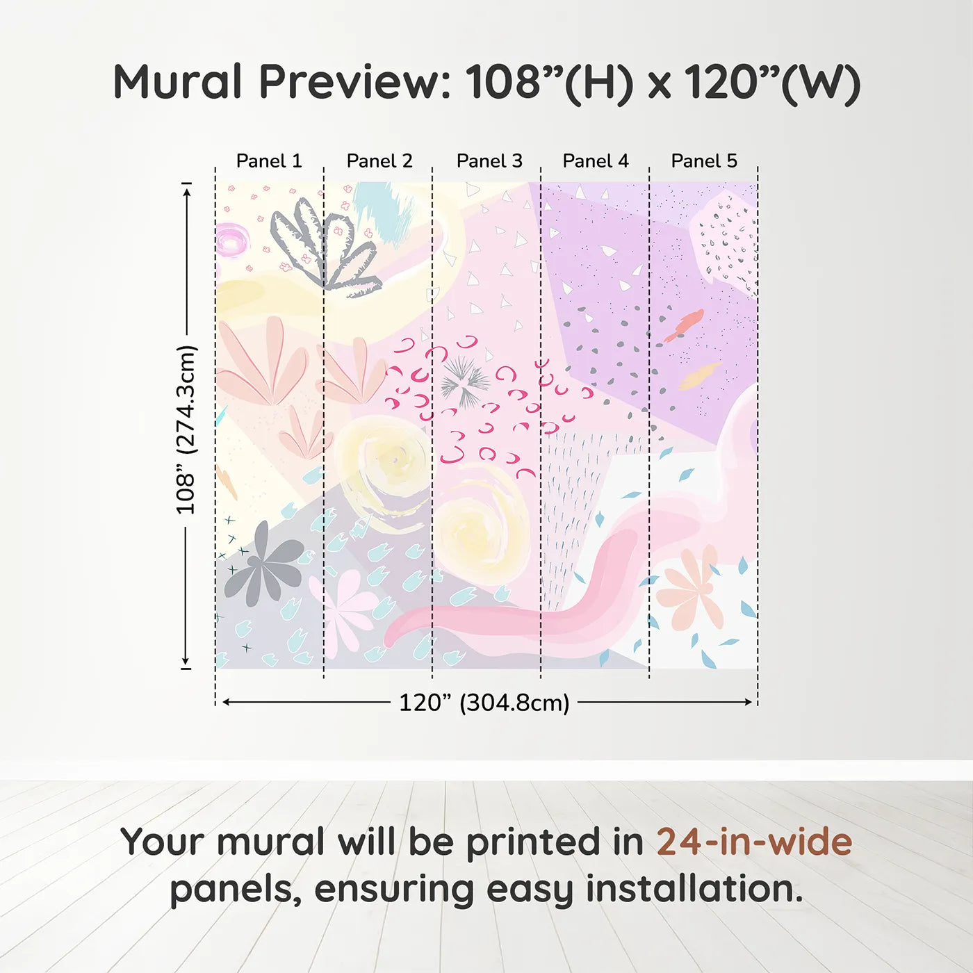 Whimsy Tots Abstract Pastel Collage Wall Muraldimension view (108" H x 120" W). Printed in five 24-inch-wide panels. Gender-Neutral