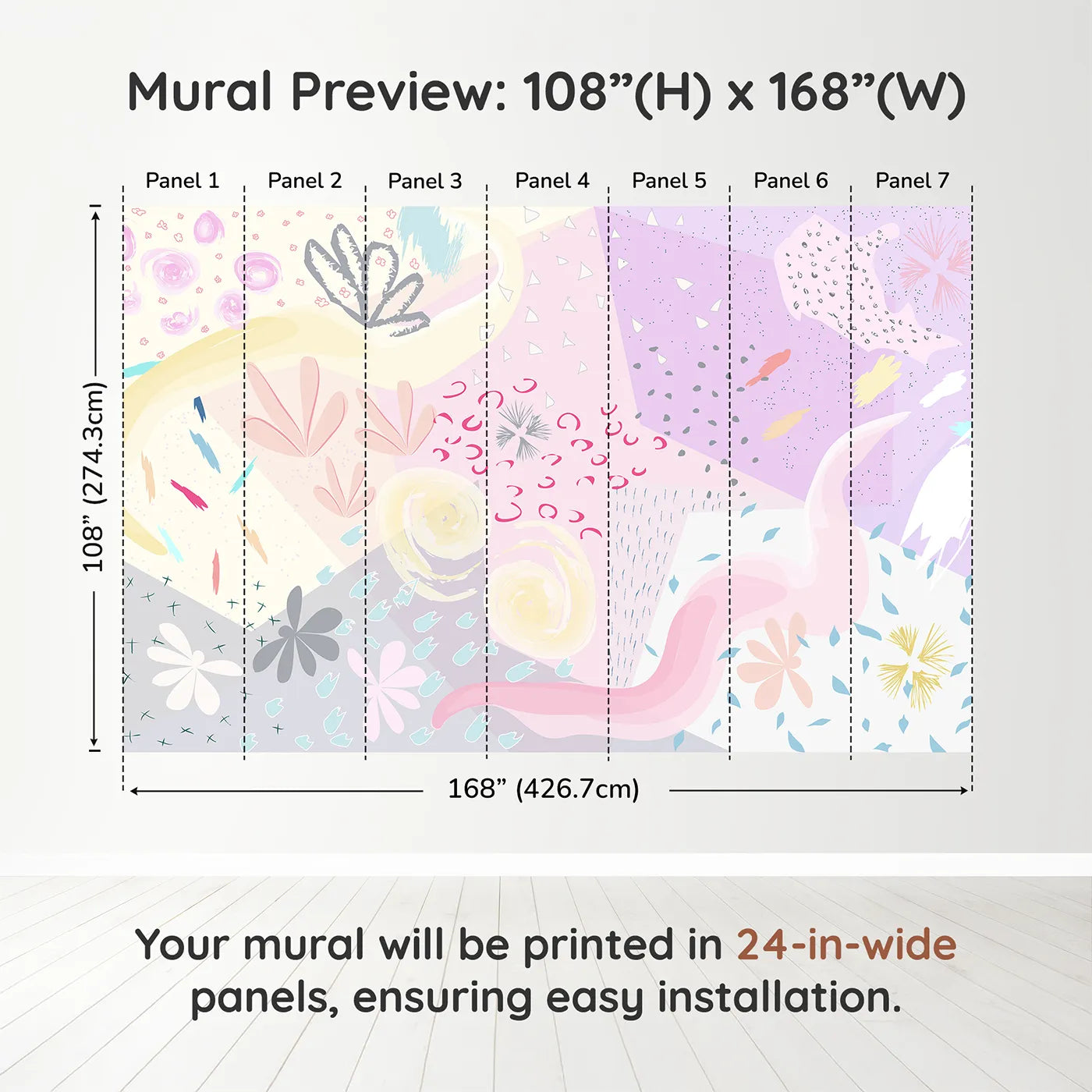 Whimsy Tots Abstract Pastel Collage Wall Muraldimension view (108" H x 168" W). Printed in seven 24-inch-wide panels. Gender-Neutral