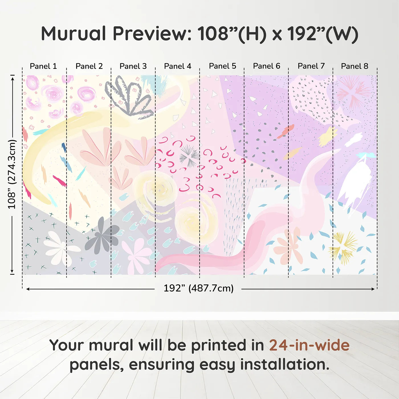 Whimsy Tots Abstract Pastel Collage Wall Muraldimension view (108" H x 192" W). Printed in eight 24-inch-wide panels. Gender-Neutral