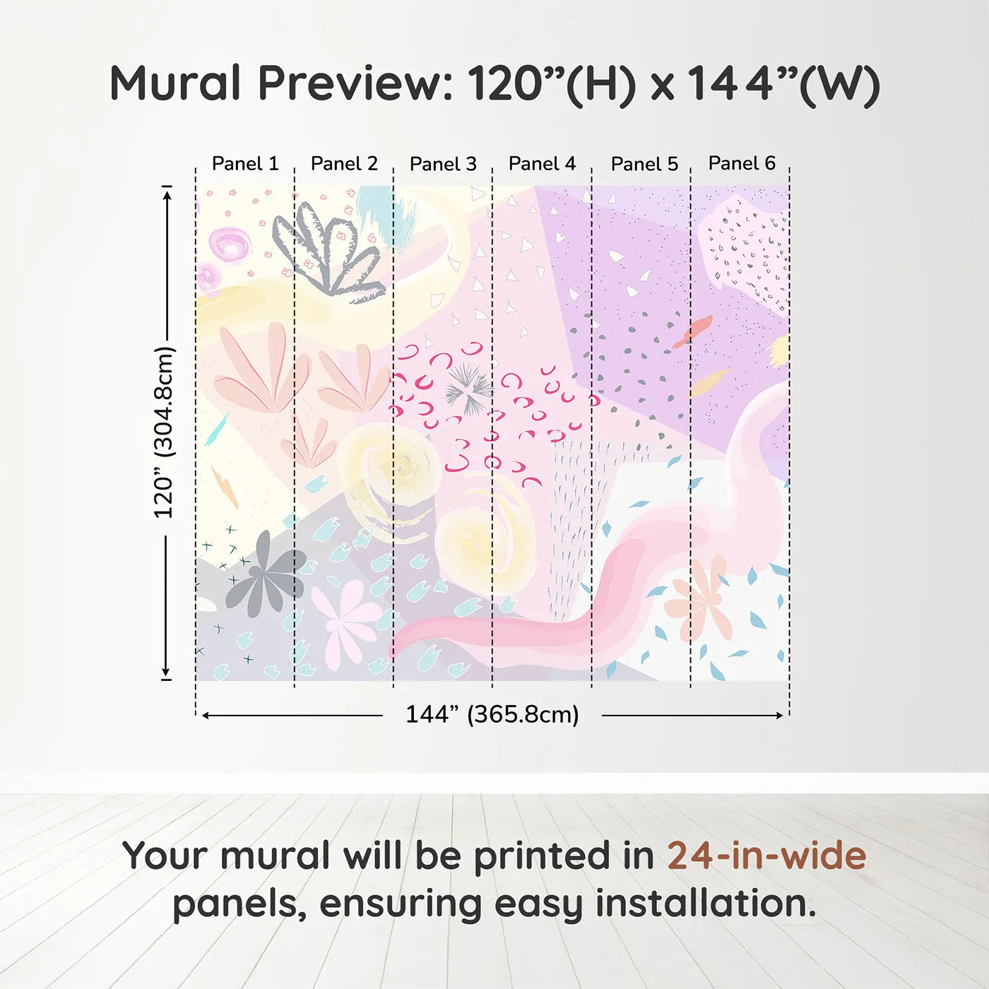 Whimsy Tots Abstract Pastel Collage Wall Muraldimension view (120" H x 144" W). Printed in six 24-inch-wide panels. Gender-Neutral