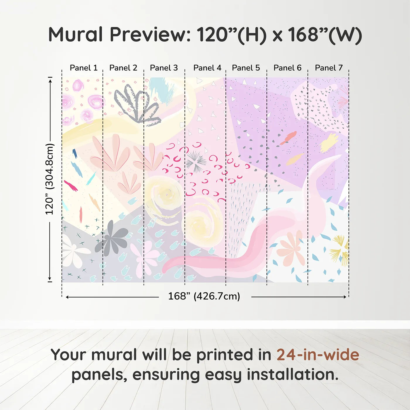 Whimsy Tots Abstract Pastel Collage Wall Muraldimension view (120" H x 168" W). Printed in seven 24-inch-wide panels. Gender-Neutral