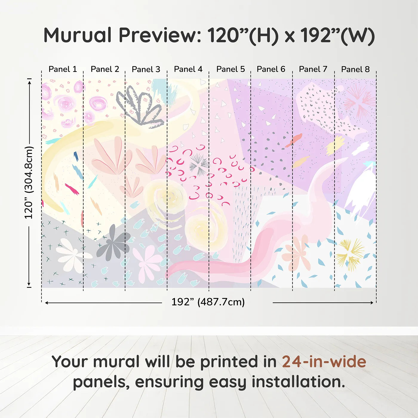 Whimsy Tots Abstract Pastel Collage Wall Muraldimension view (120" H x 192" W). Printed in eight 24-inch-wide panels. Gender-Neutral