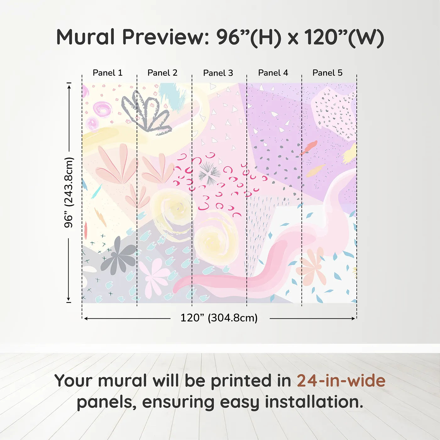 Whimsy Tots Abstract Pastel Collage Wall Muraldimension view (96" H x 120" W). Printed in five 24-inch-wide panels. Gender-Neutral