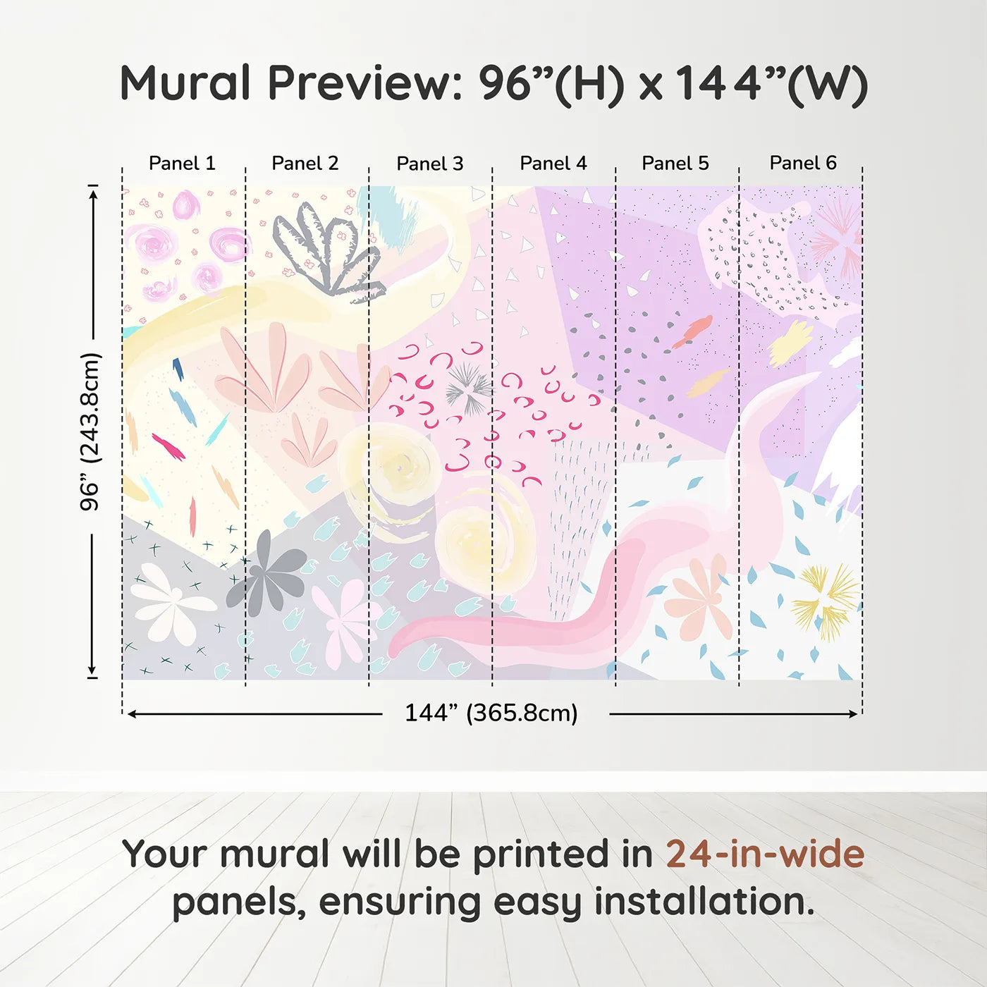 Whimsy Tots Abstract Pastel Collage Wall Muraldimension view (96" H x 144" W). Printed in six 24-inch-wide panels. Gender-Neutral