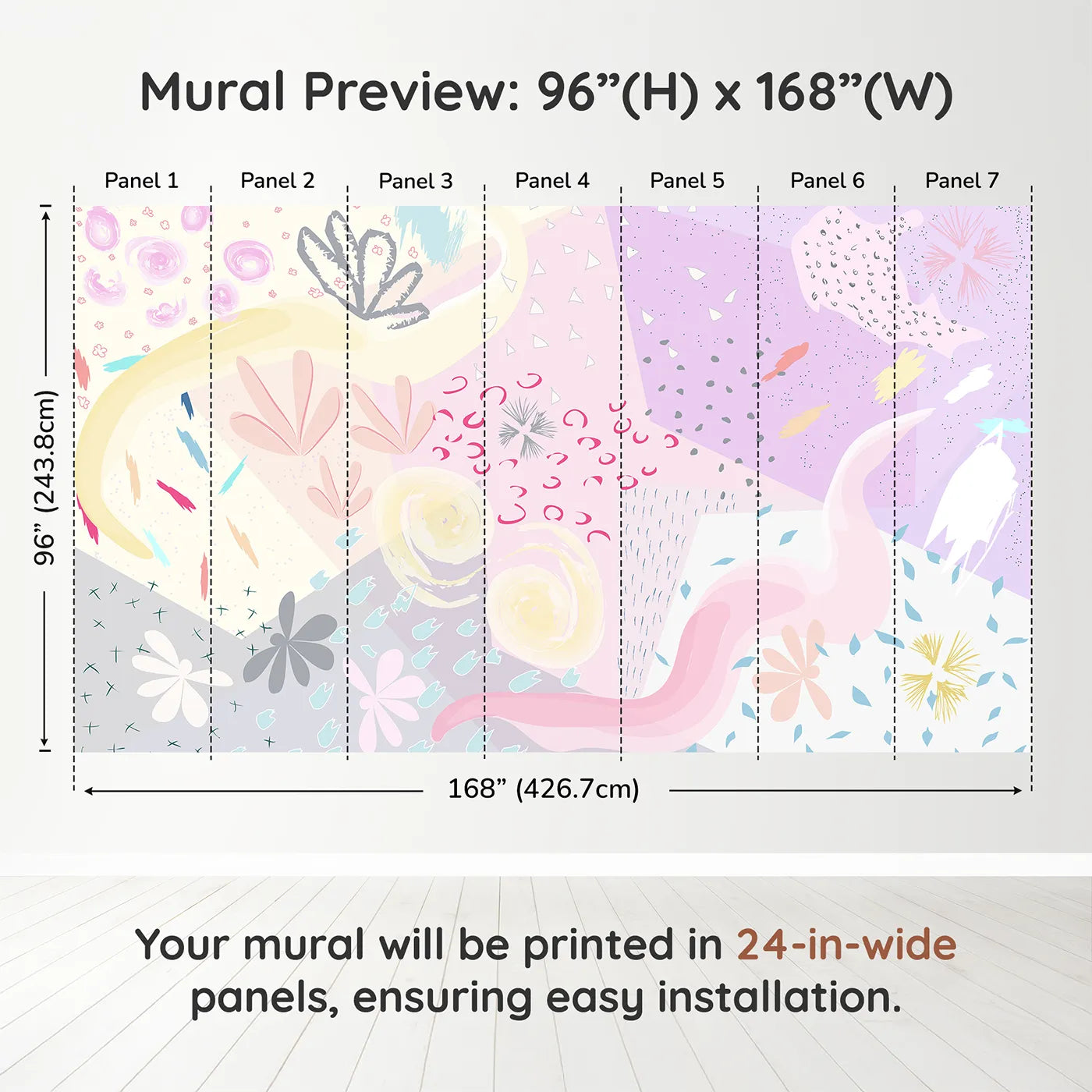 Whimsy Tots Abstract Pastel Collage Wall Muraldimension view (96" H x 168" W). Printed in seven 24-inch-wide panels. Gender-Neutral