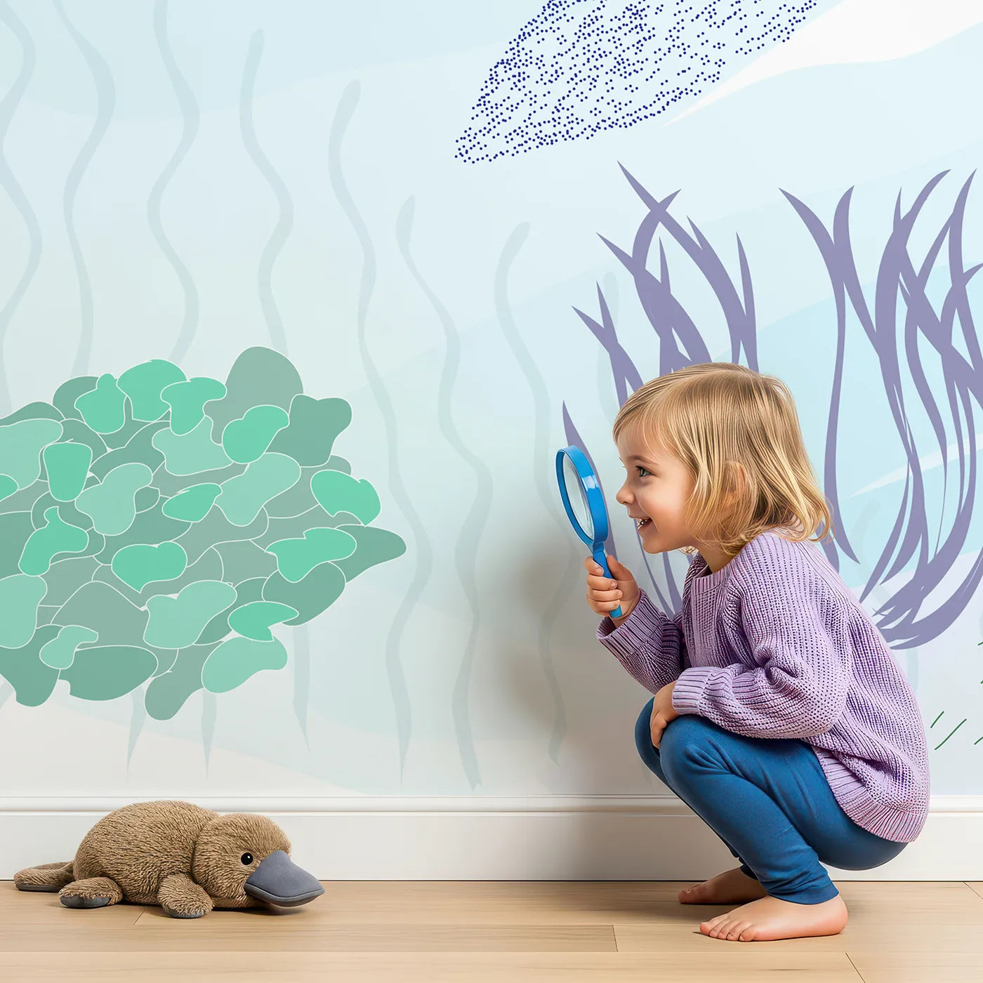 Child in front of Whimsy Tots Underwater World Collage Wall Mural with whale, seahorse, fish, coral, ocean, sea, underwater, abstract in design.