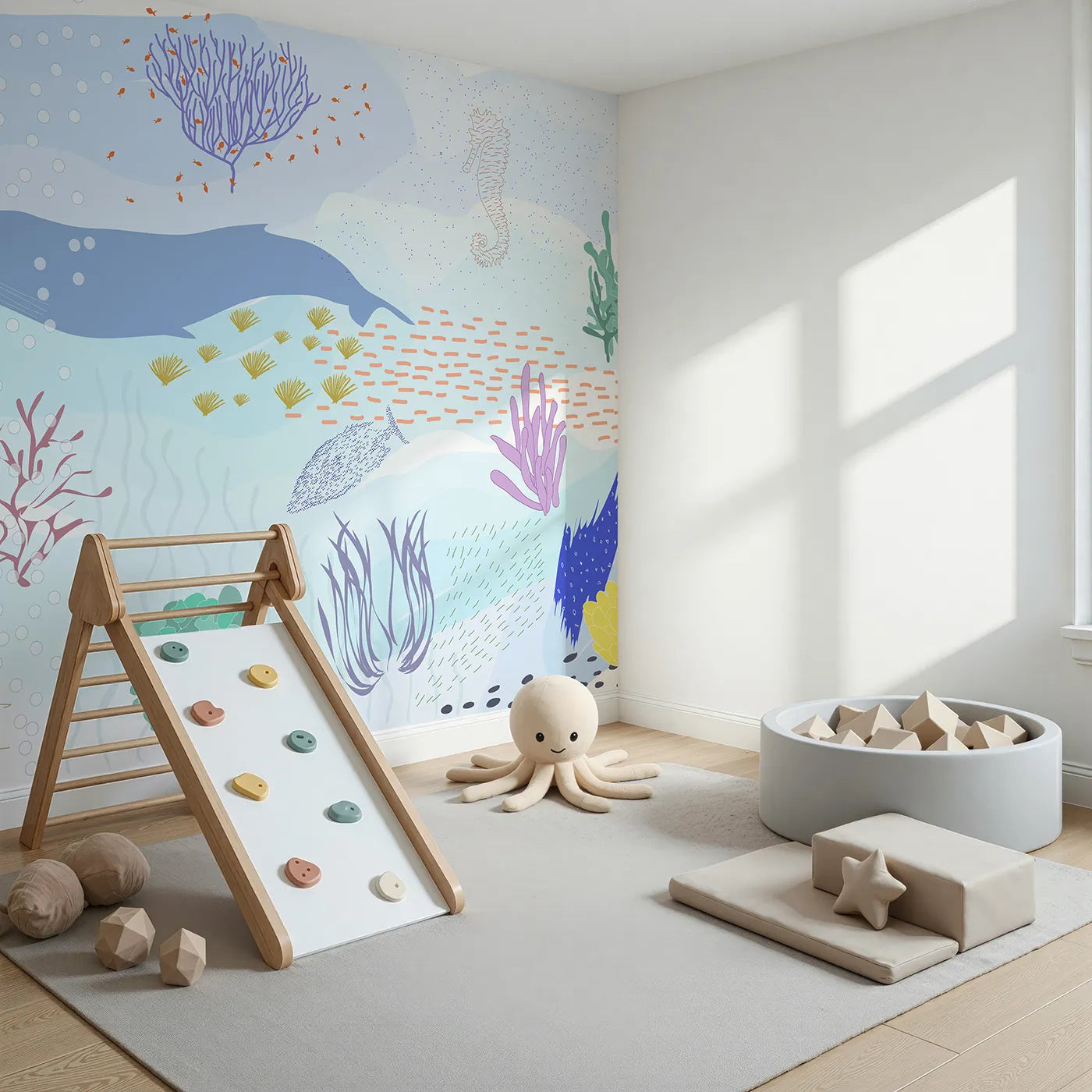 Angled view of Whimsy Tots' Underwater World Collage Wall Mural (Turn Their Room into a Vibrant Ocean Floor).Gender-Neutral