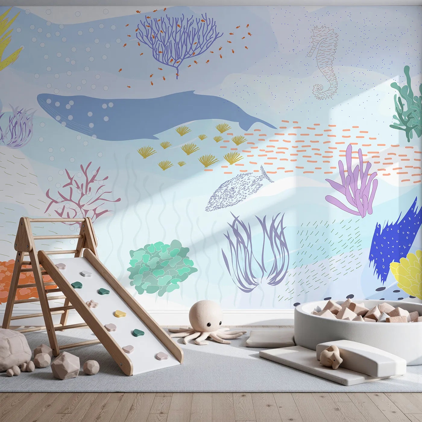 Front view of Whimsy Tots' Underwater World Collage Wall Mural