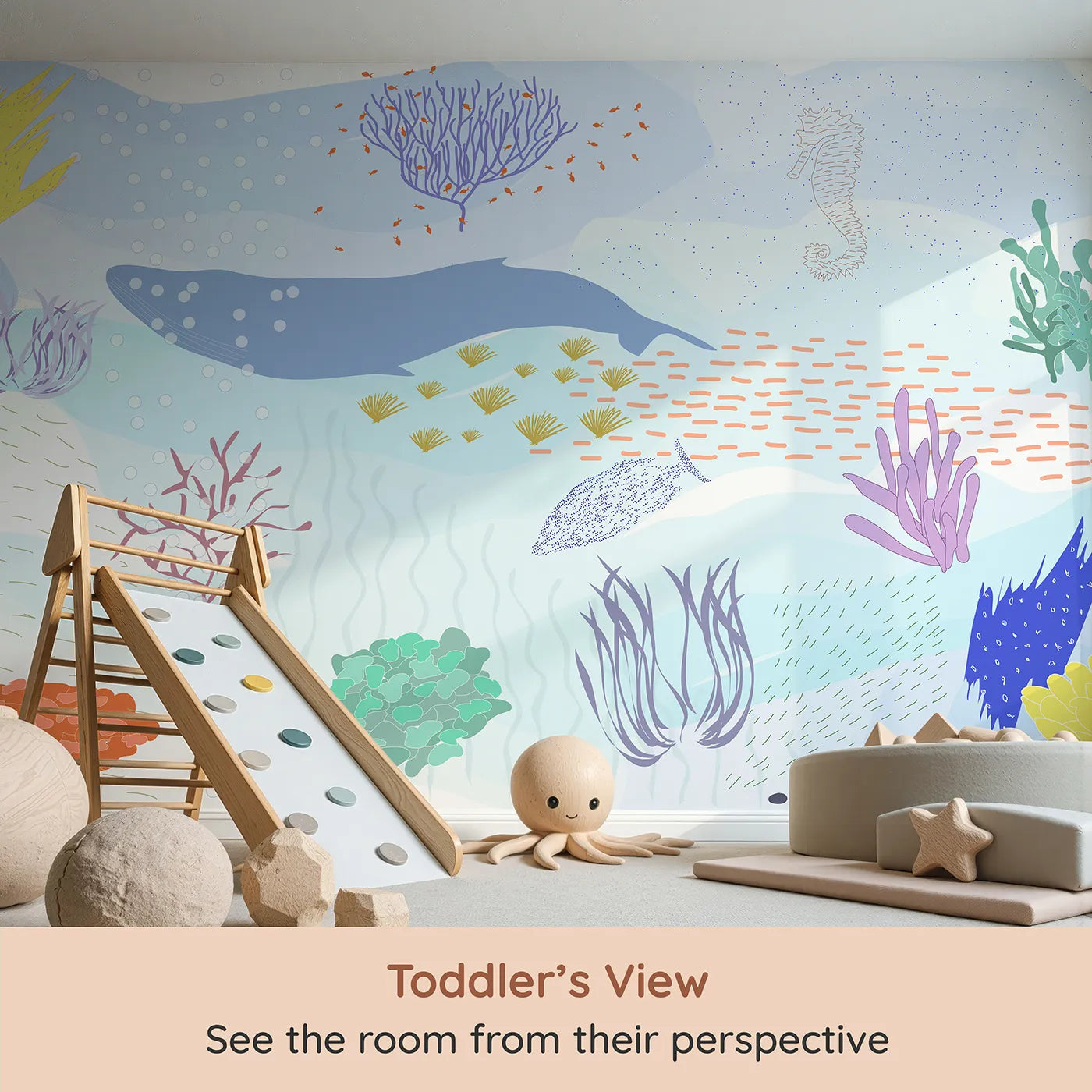 Whimsy Tots Underwater World Collage Wall Mural (Turn Their Room into a Vibrant Ocean Floor) from your child's view.Gender-Neutral