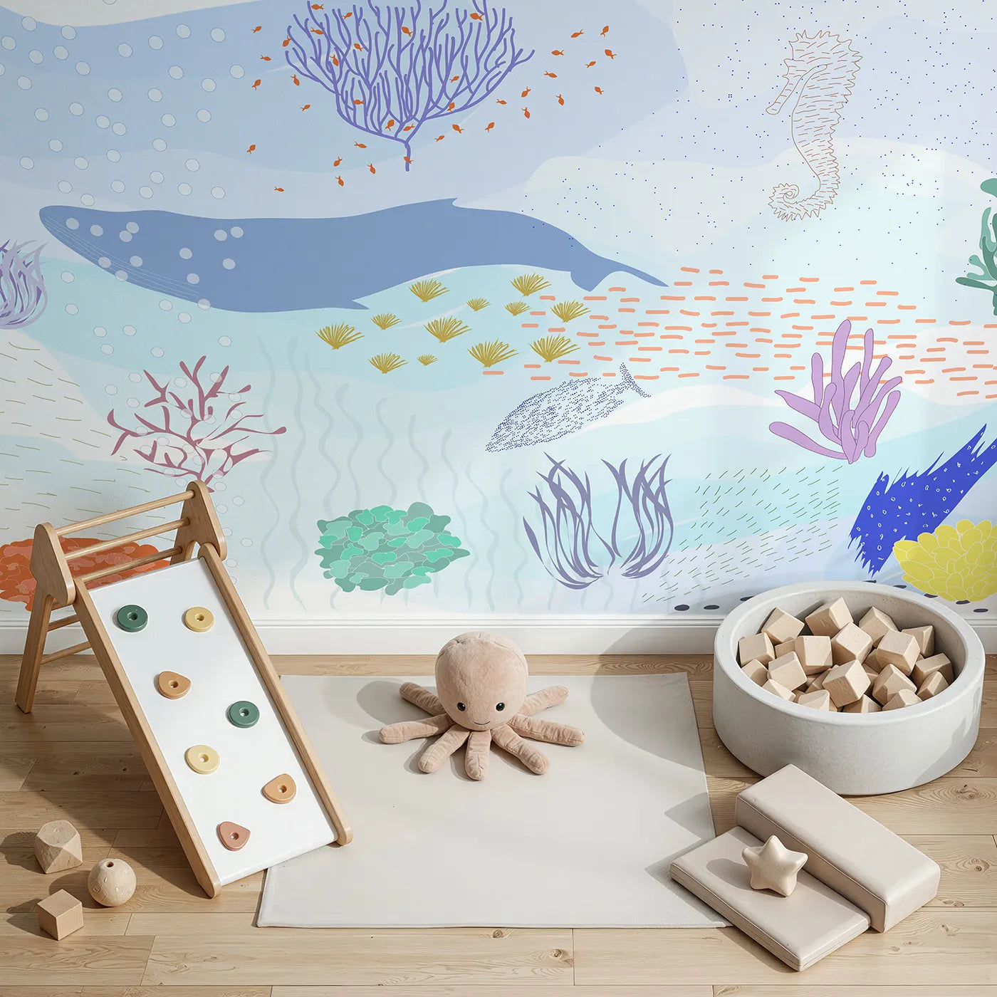 Top-down view of Whimsy Tots' Underwater World Collage Wall Mural (Turn Their Room into a Vibrant Ocean Floor).Gender-Neutral