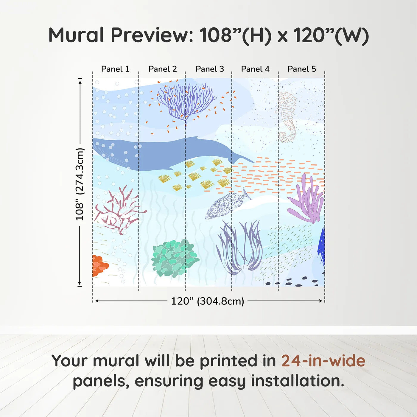 Whimsy Tots Underwater World Collage Wall Muraldimension view (108" H x 120" W). Printed in five 24-inch-wide panels. Gender-Neutral