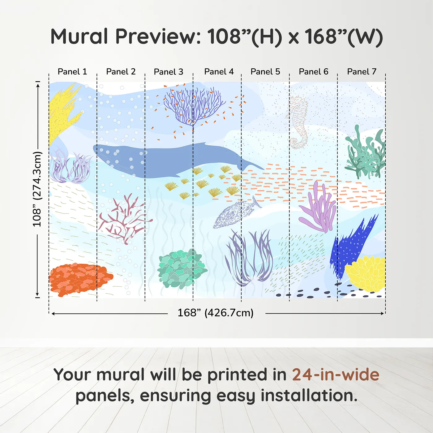 Whimsy Tots Underwater World Collage Wall Muraldimension view (108" H x 168" W). Printed in seven 24-inch-wide panels. Gender-Neutral