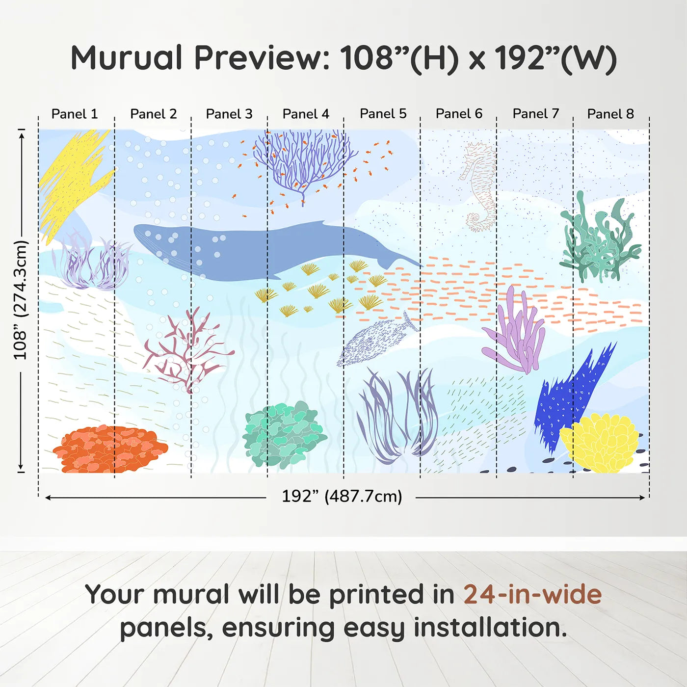 Whimsy Tots Underwater World Collage Wall Muraldimension view (108" H x 192" W). Printed in eight 24-inch-wide panels. Gender-Neutral