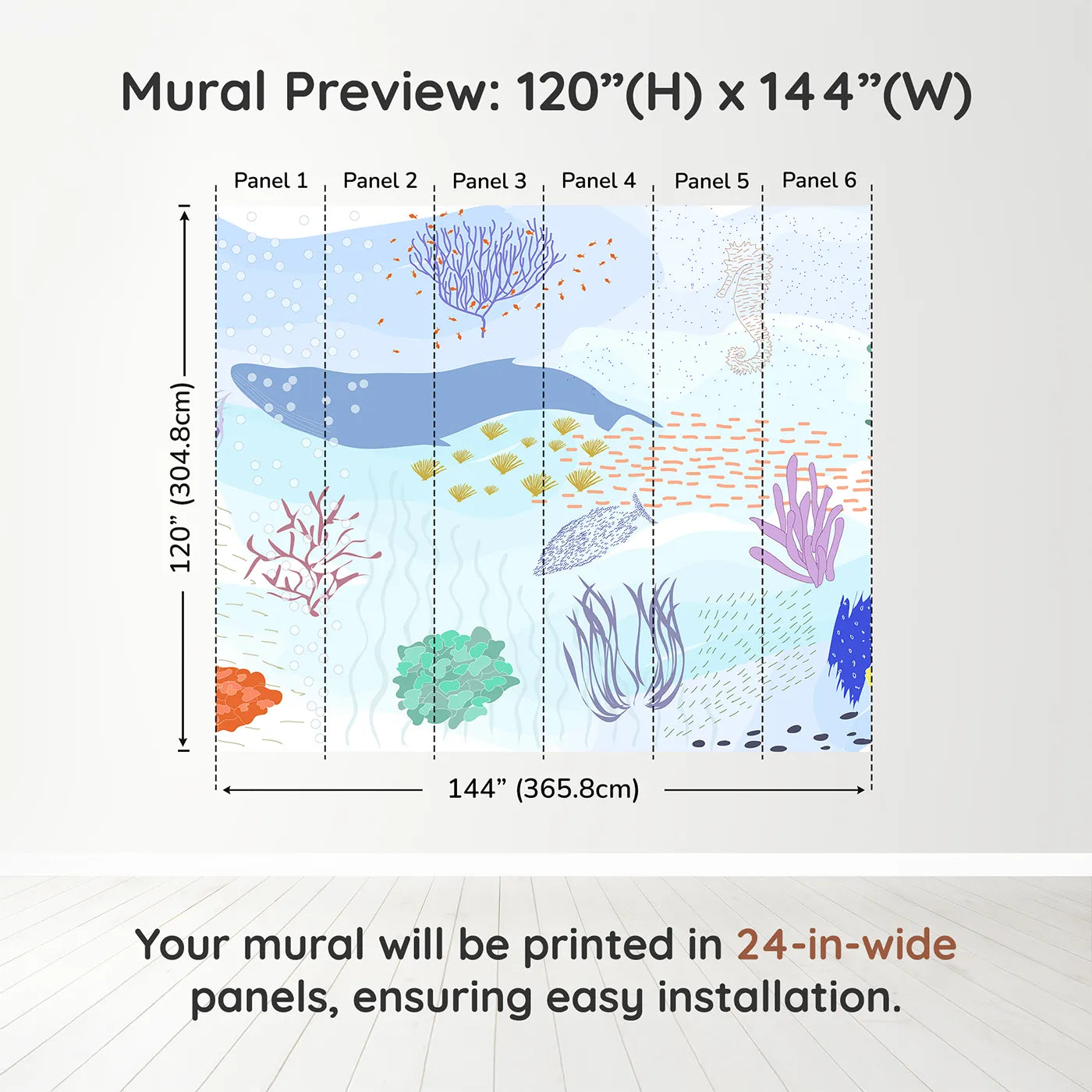 Whimsy Tots Underwater World Collage Wall Muraldimension view (120" H x 144" W). Printed in six 24-inch-wide panels. Gender-Neutral