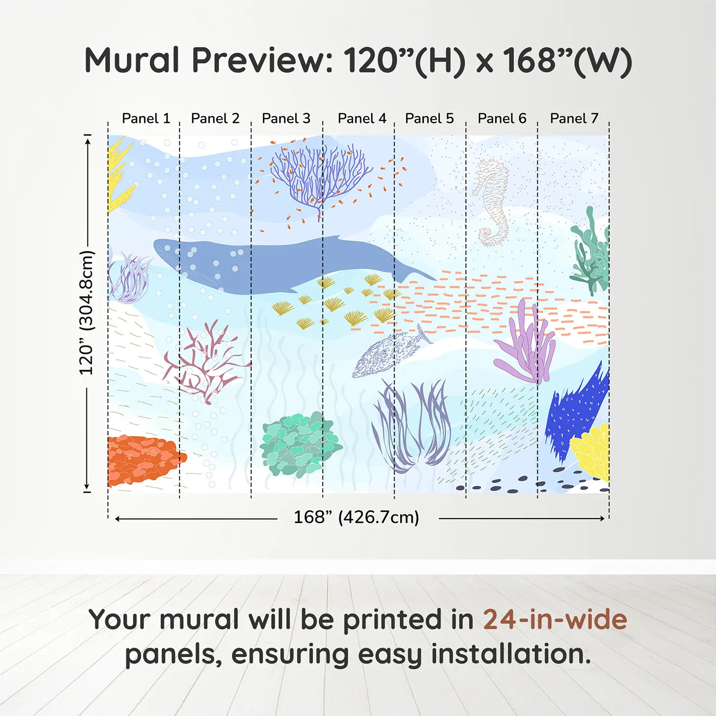 Whimsy Tots Underwater World Collage Wall Muraldimension view (120" H x 168" W). Printed in seven 24-inch-wide panels. Gender-Neutral