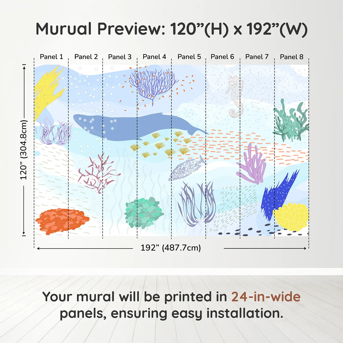 Whimsy Tots Underwater World Collage Wall Muraldimension view (120" H x 192" W). Printed in eight 24-inch-wide panels. Gender-Neutral