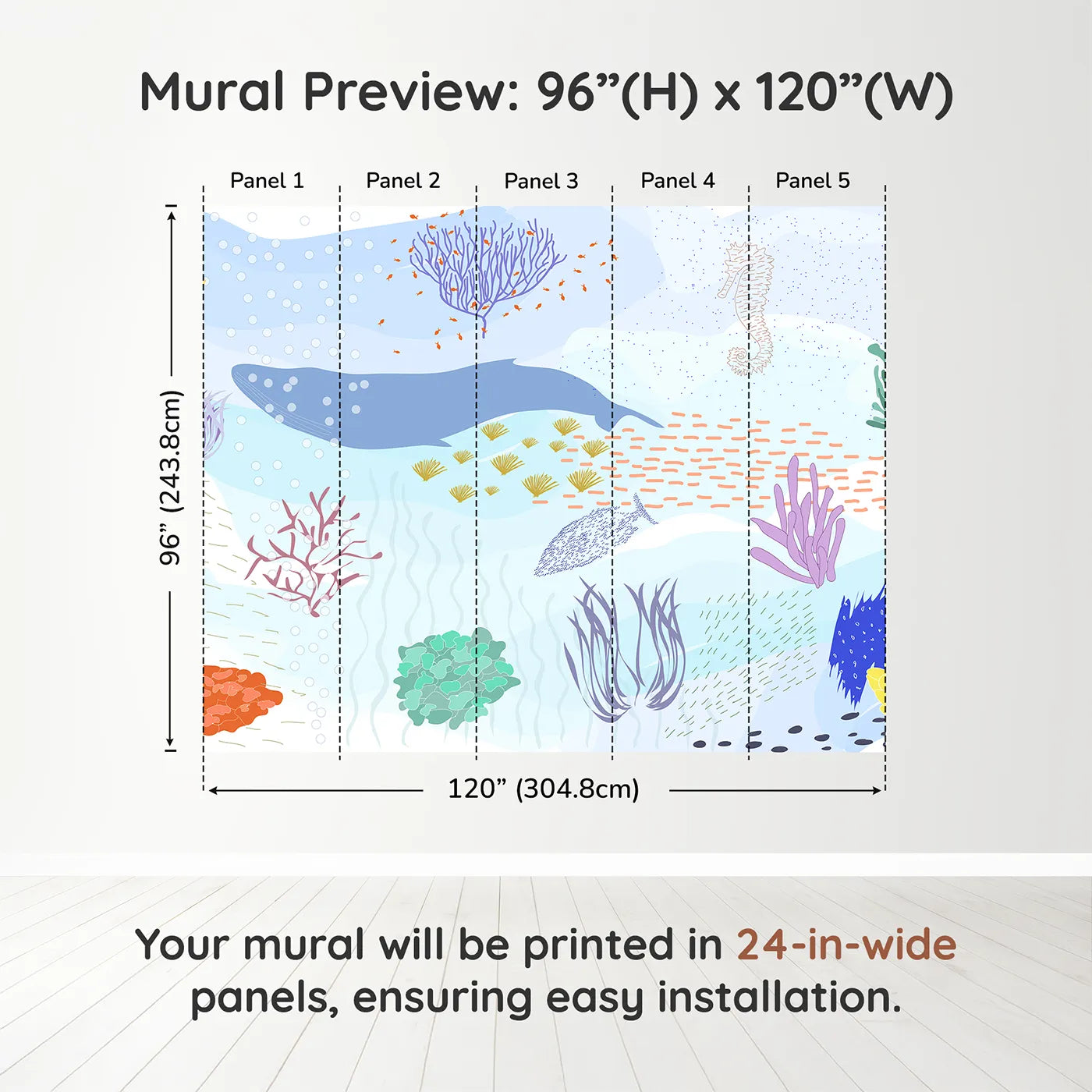 Whimsy Tots Underwater World Collage Wall Muraldimension view (96" H x 120" W). Printed in five 24-inch-wide panels. Gender-Neutral