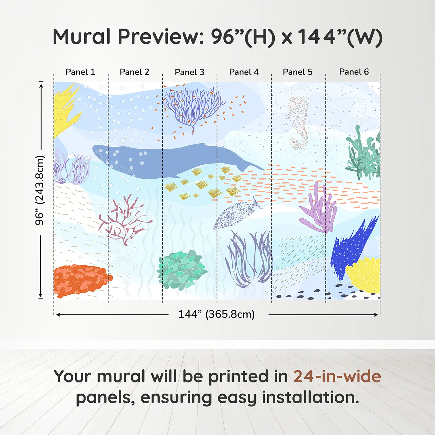 Whimsy Tots Underwater World Collage Wall Muraldimension view (96" H x 144" W). Printed in six 24-inch-wide panels. Gender-Neutral