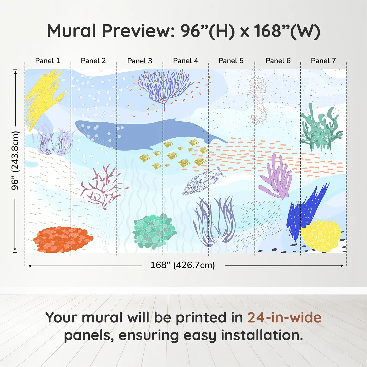 Whimsy Tots Underwater World Collage Wall Muraldimension view (96" H x 168" W). Printed in seven 24-inch-wide panels. Gender-Neutral