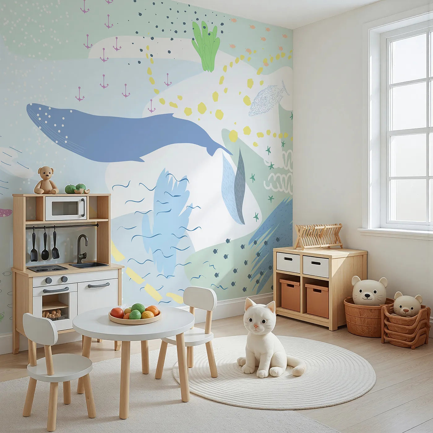 Angled view of Whimsy Tots' Gentle Ocean Dream Wall Mural (Turn Their Room into a Calm Underwater Escape).Gender-Neutral