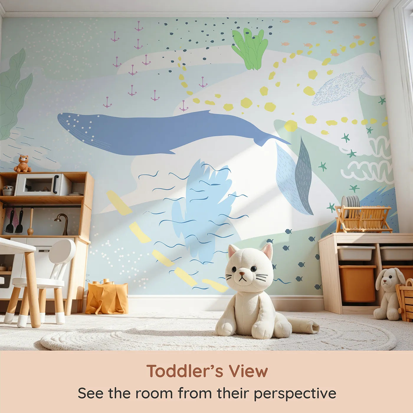 Whimsy Tots Gentle Ocean Dream Wall Mural (Turn Their Room into a Calm Underwater Escape) from your child's view.Gender-Neutral