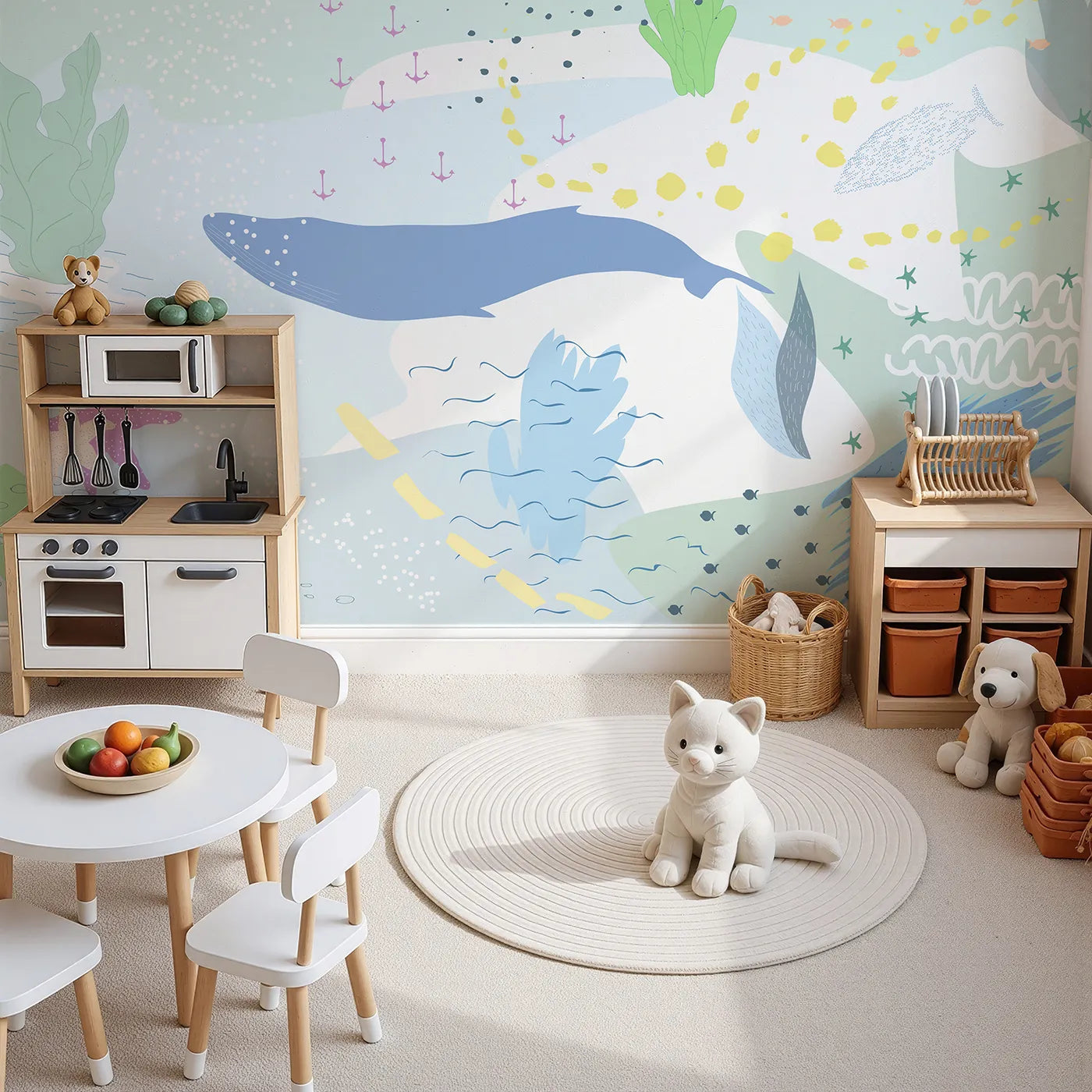 Top-down view of Whimsy Tots' Gentle Ocean Dream Wall Mural (Turn Their Room into a Calm Underwater Escape).Gender-Neutral