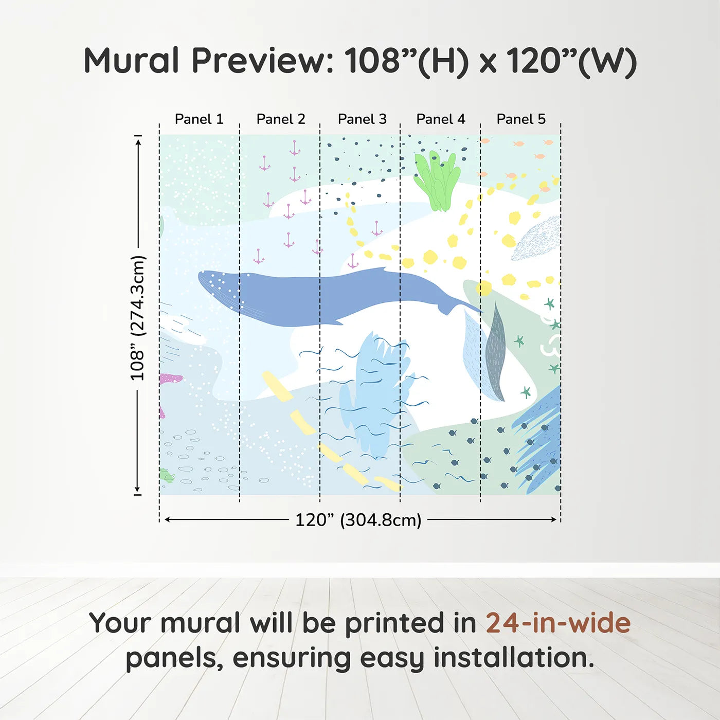 Whimsy Tots Gentle Ocean Dream Wall Muraldimension view (108" H x 120" W). Printed in five 24-inch-wide panels. Gender-Neutral