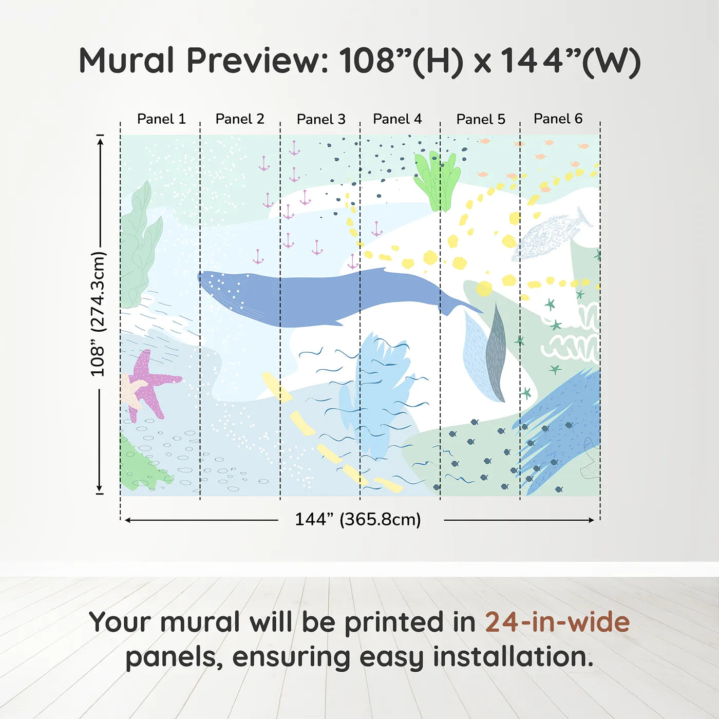 Whimsy Tots Gentle Ocean Dream Wall Muraldimension view (108" H x 144" W). Printed in six 24-inch-wide panels. Gender-Neutral