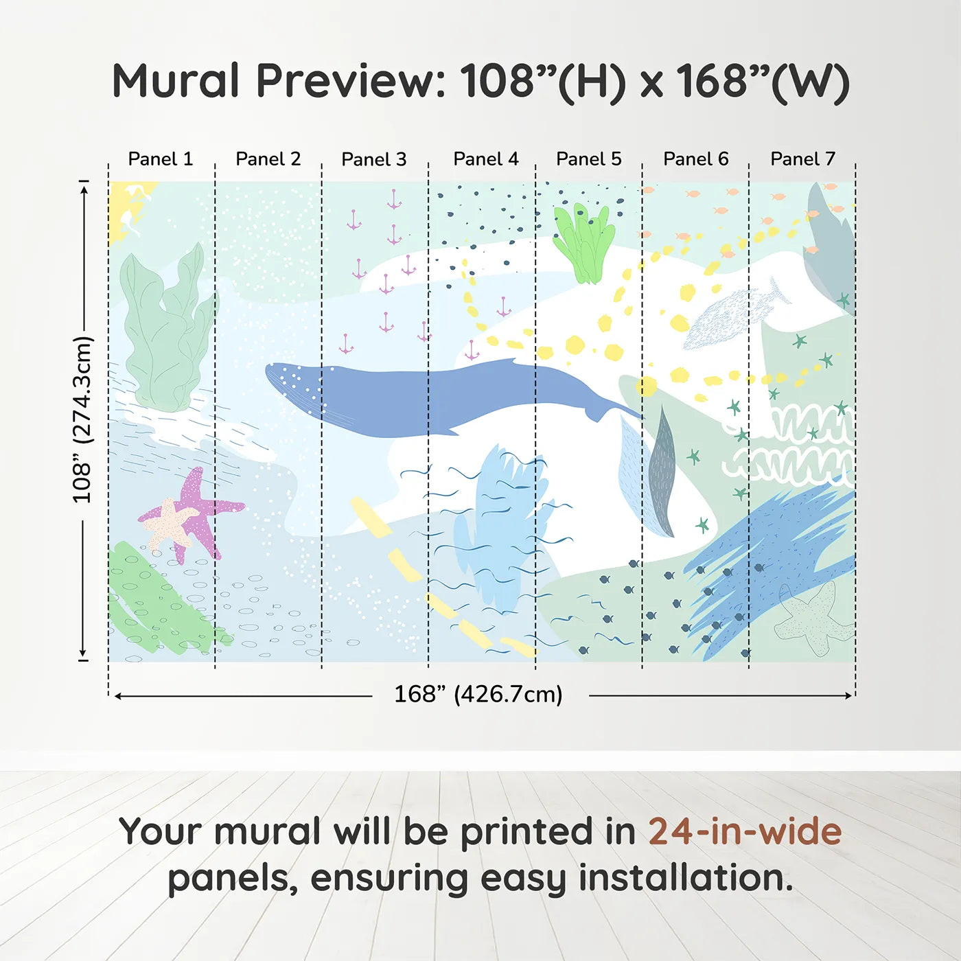 Whimsy Tots Gentle Ocean Dream Wall Muraldimension view (108" H x 168" W). Printed in seven 24-inch-wide panels. Gender-Neutral
