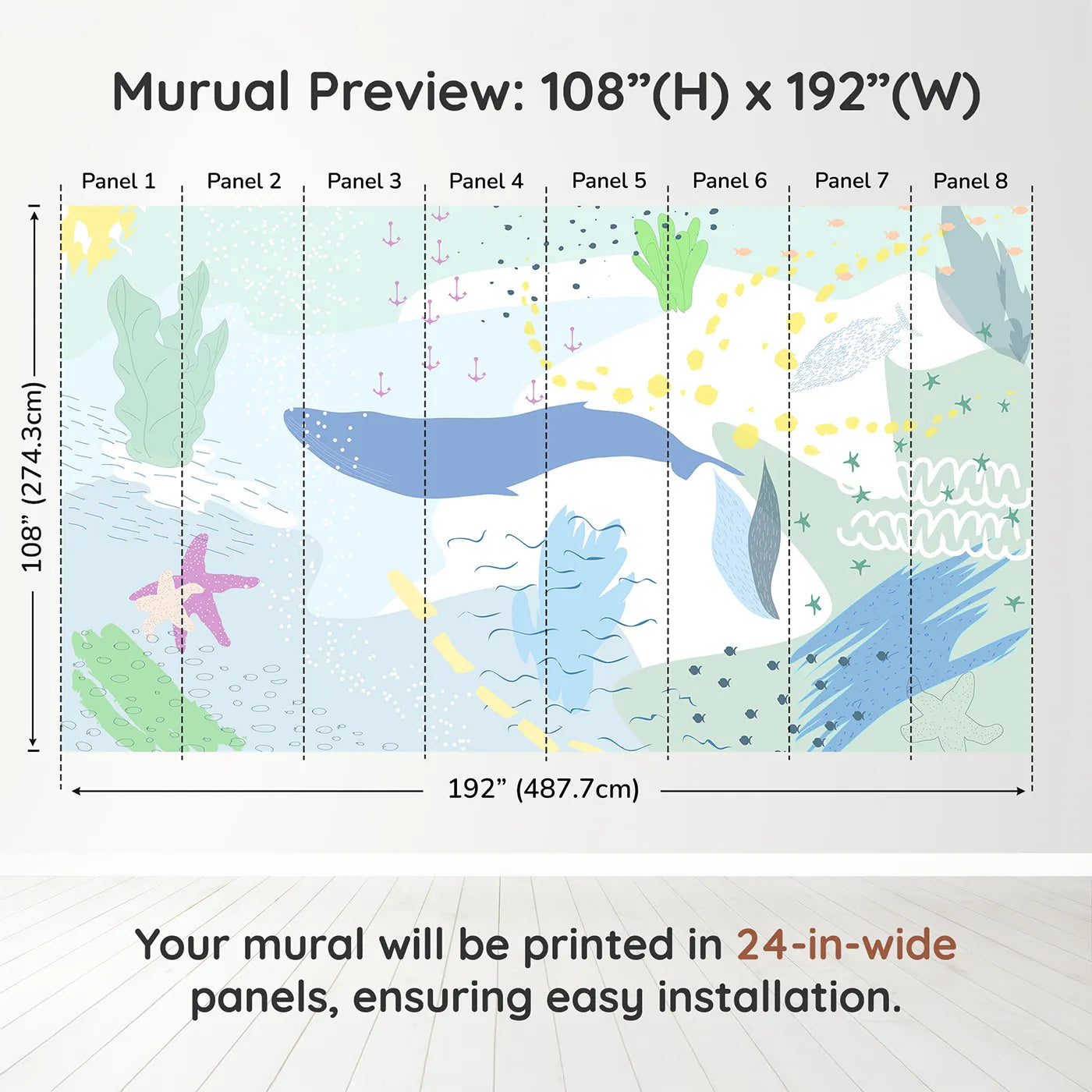 Whimsy Tots Gentle Ocean Dream Wall Muraldimension view (108" H x 192" W). Printed in eight 24-inch-wide panels. Gender-Neutral