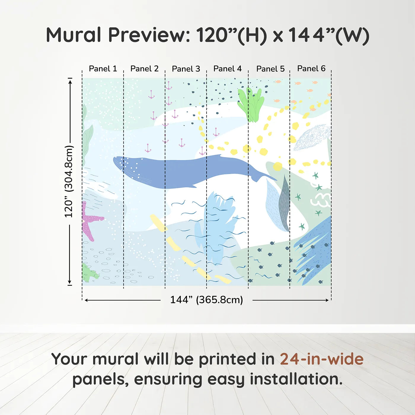 Whimsy Tots Gentle Ocean Dream Wall Muraldimension view (120" H x 144" W). Printed in six 24-inch-wide panels. Gender-Neutral