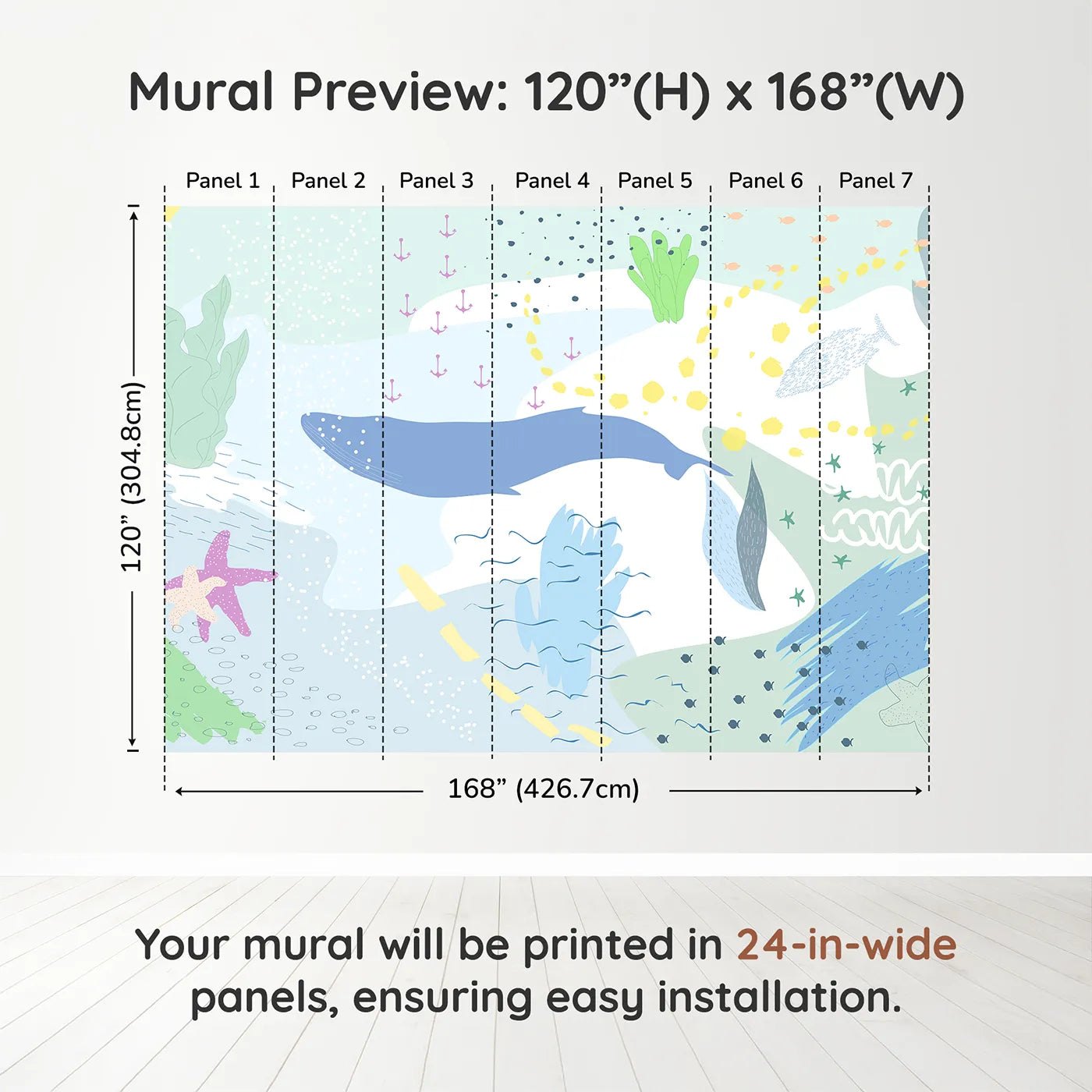 Whimsy Tots Gentle Ocean Dream Wall Muraldimension view (120" H x 168" W). Printed in seven 24-inch-wide panels. Gender-Neutral